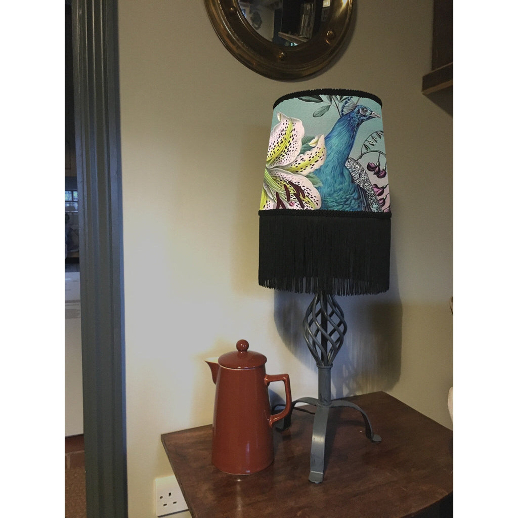 Peacock, floral velvet french drum lampshade, in blue, with black fringe and braid