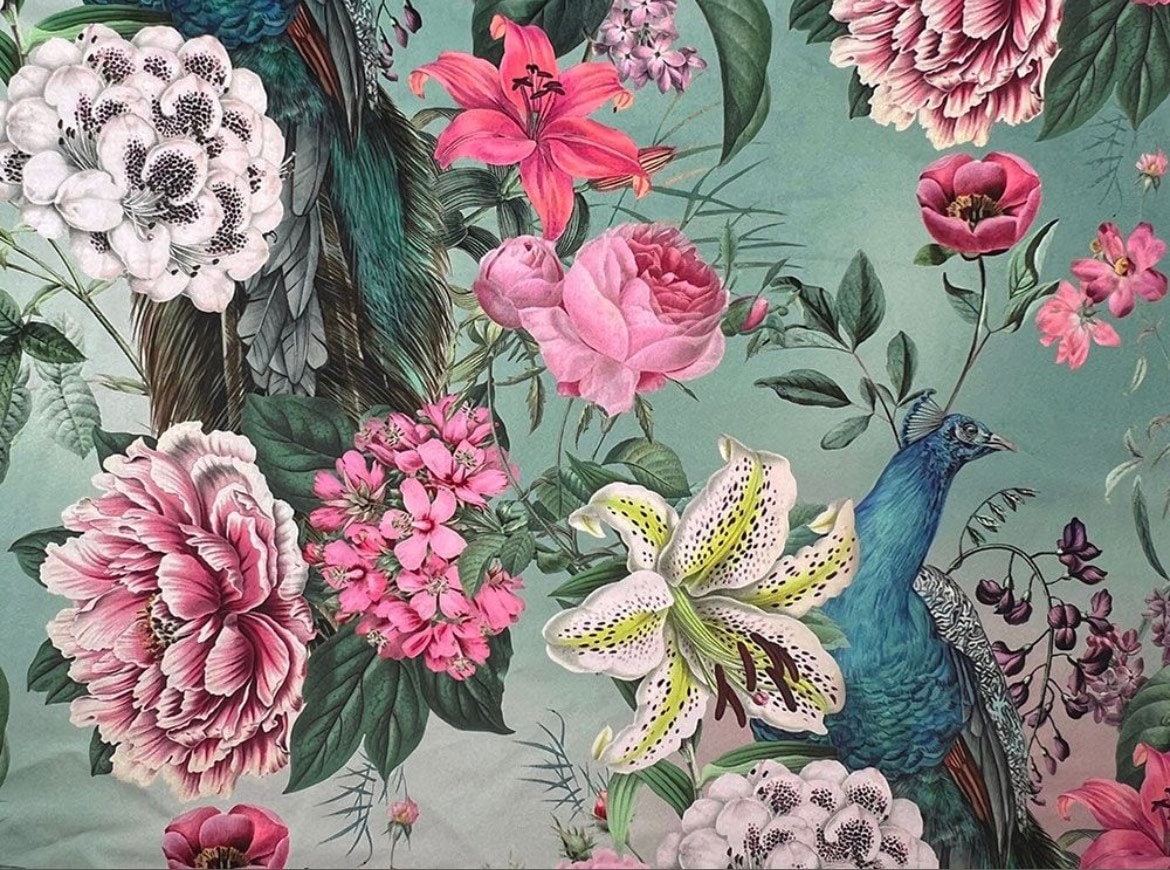 Peacock, floral velvet french drum lampshade, in blue, with black fringe and braid