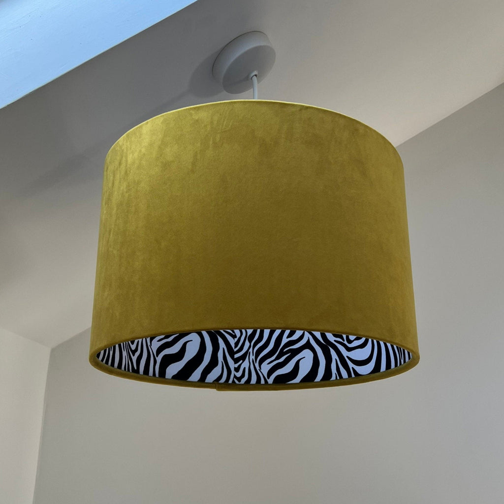 Mustard velvet drum lampshade/ ceiling light shade with zebra print cotton interior