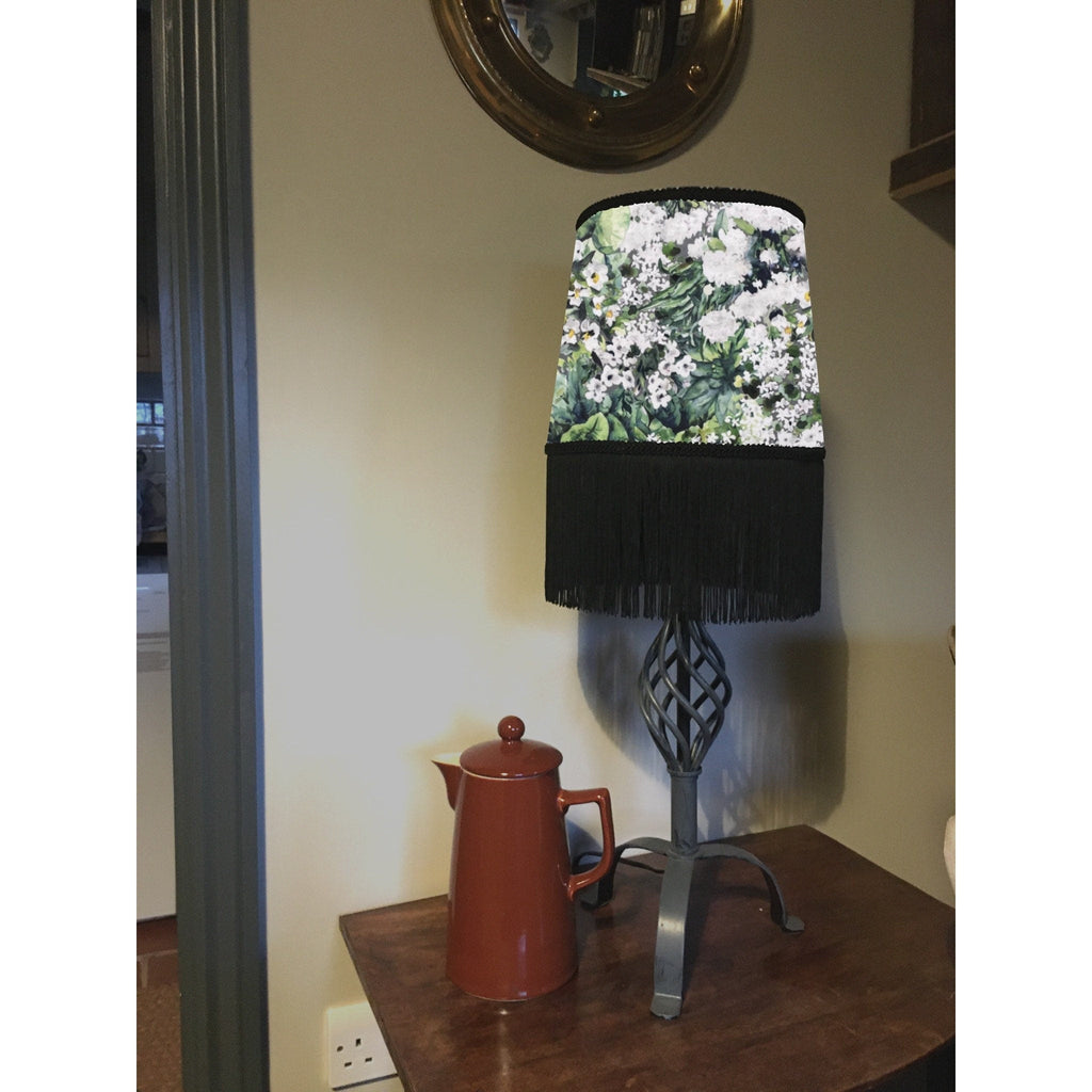 White flowers velvet french drum lampshade, with black fringe and braid