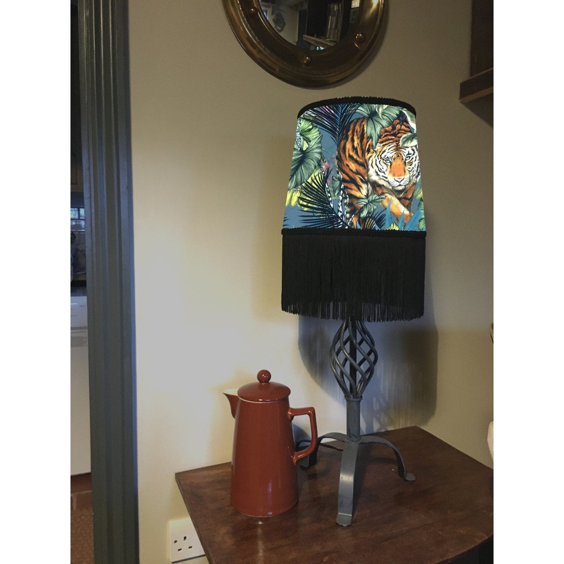 Bengal tiger velvet french drum lampshade, with black fringe