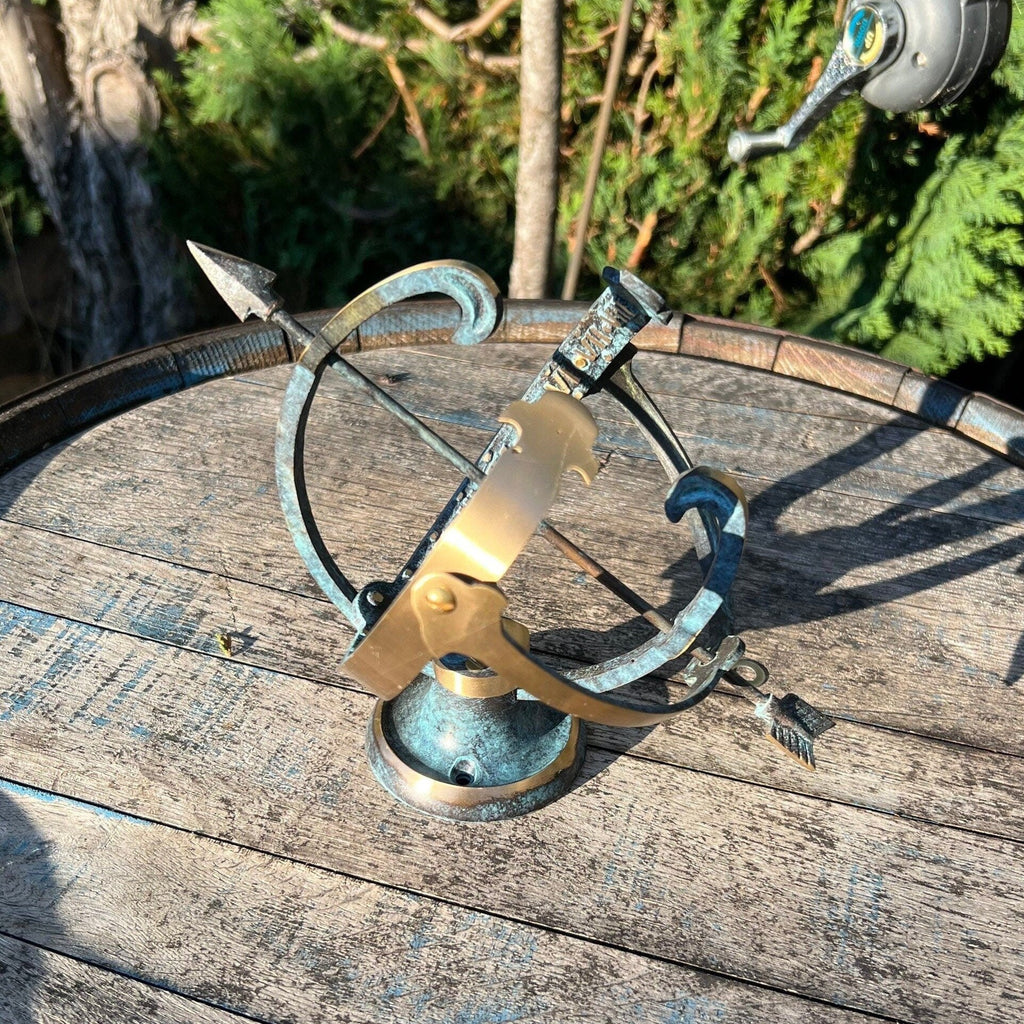 Brass Armillary Sphere Sundial with Verdigris Patina