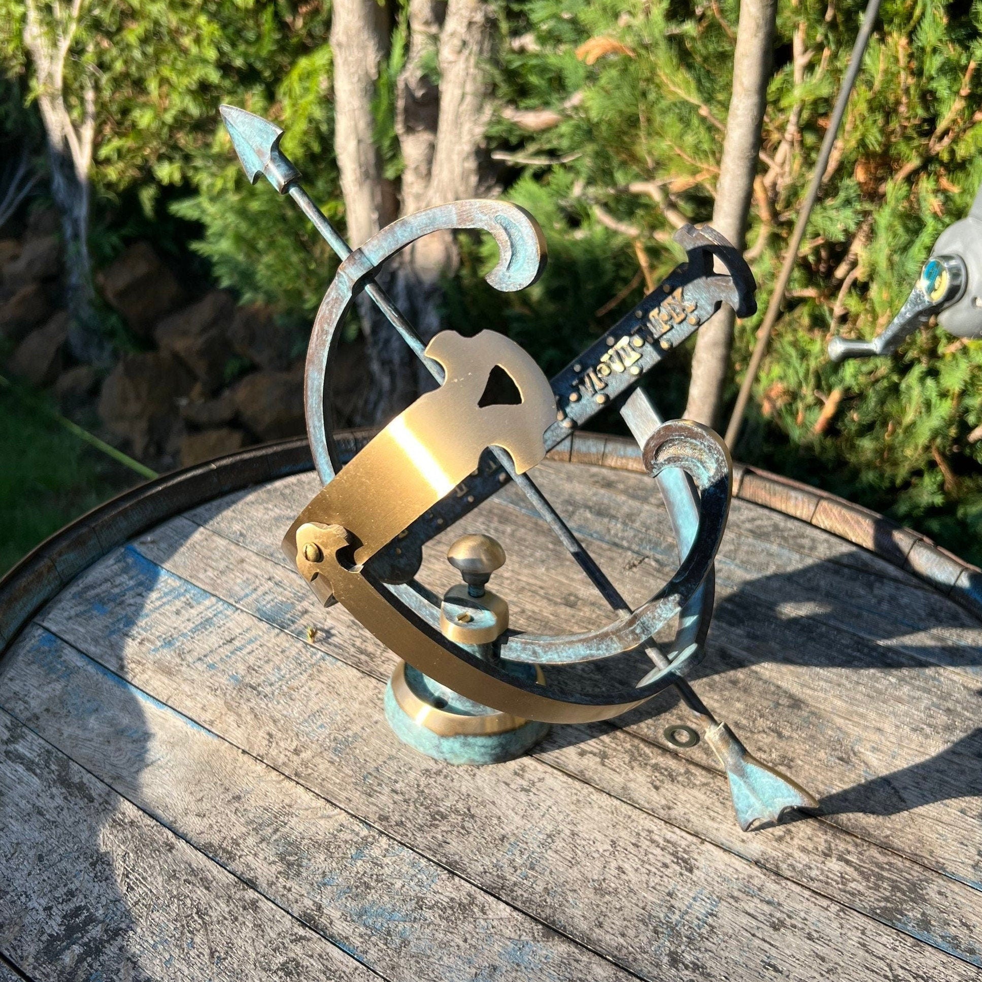 Brass Armillary Sphere Sundial with Verdigris Patina
