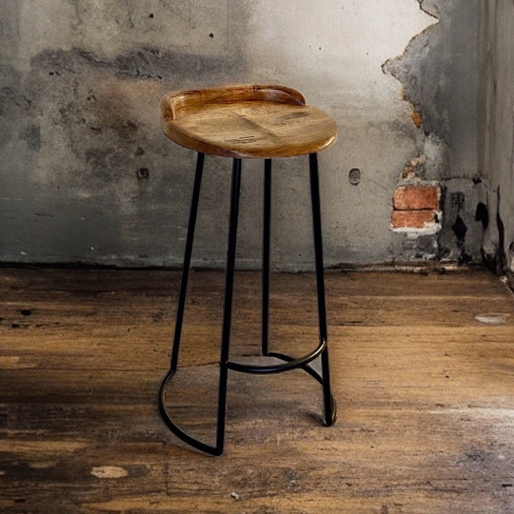 Solid Mango Wood Bar Stool with Cast Iron Base