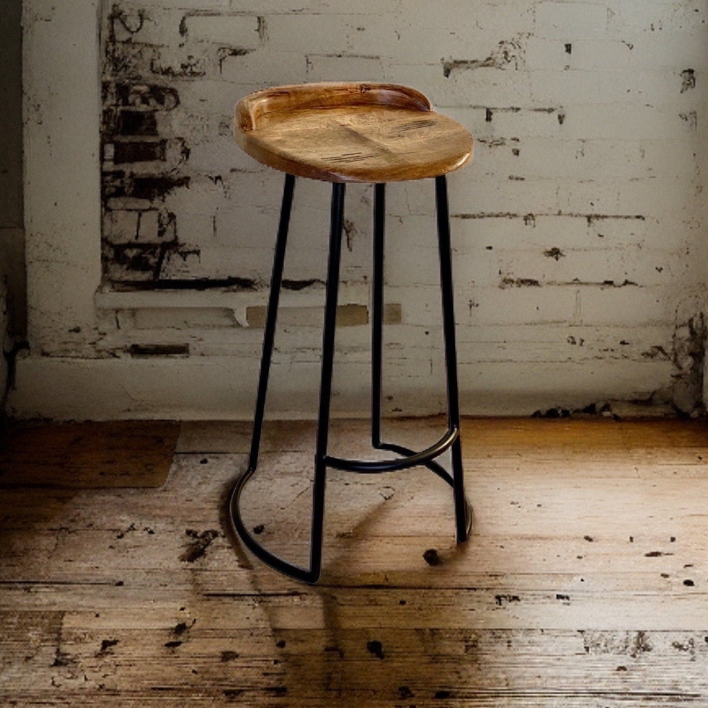 Solid Mango Wood Bar Stool with Cast Iron Base