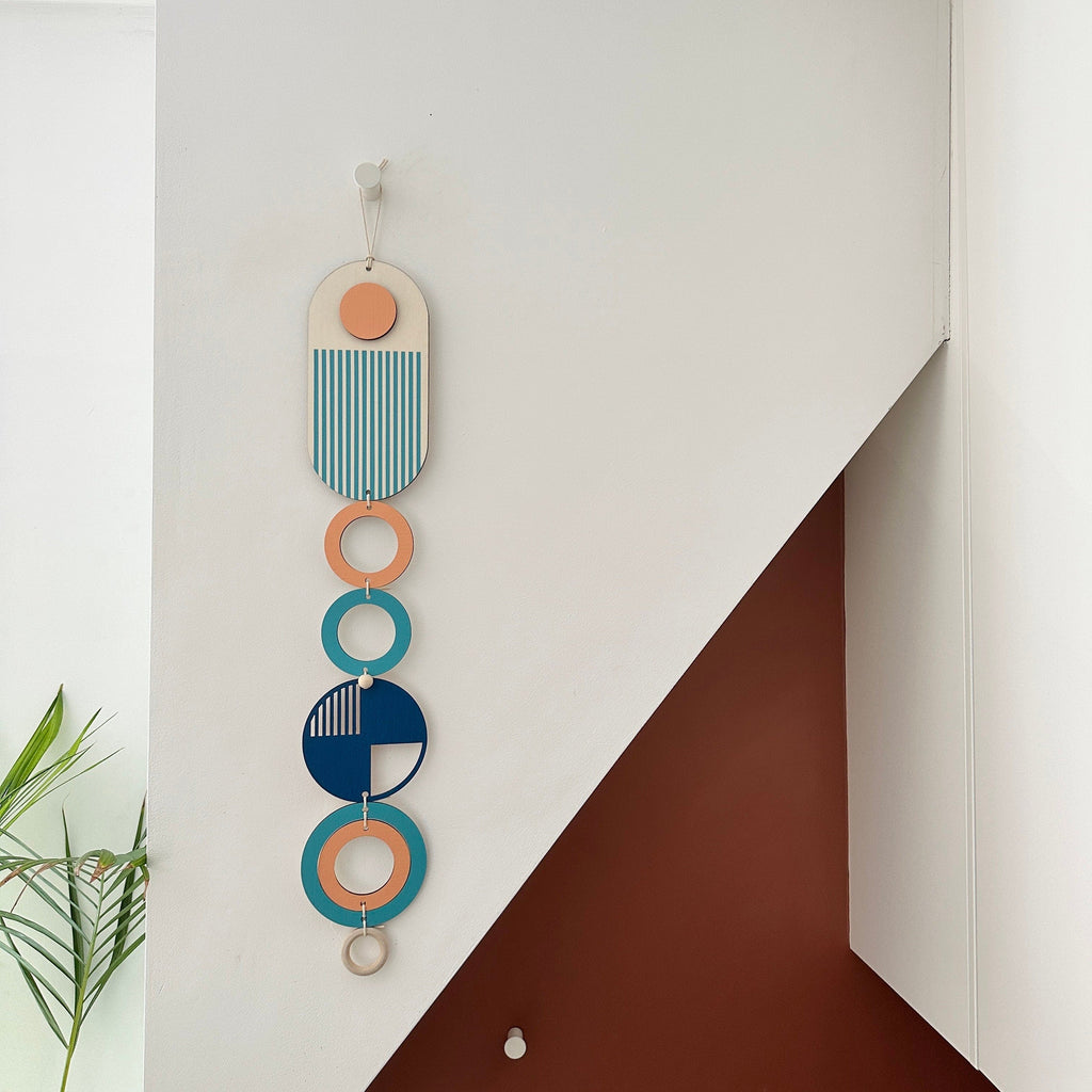 Geometric Wall Art in Coral Blue and Navy Handmade Wood Tapestry