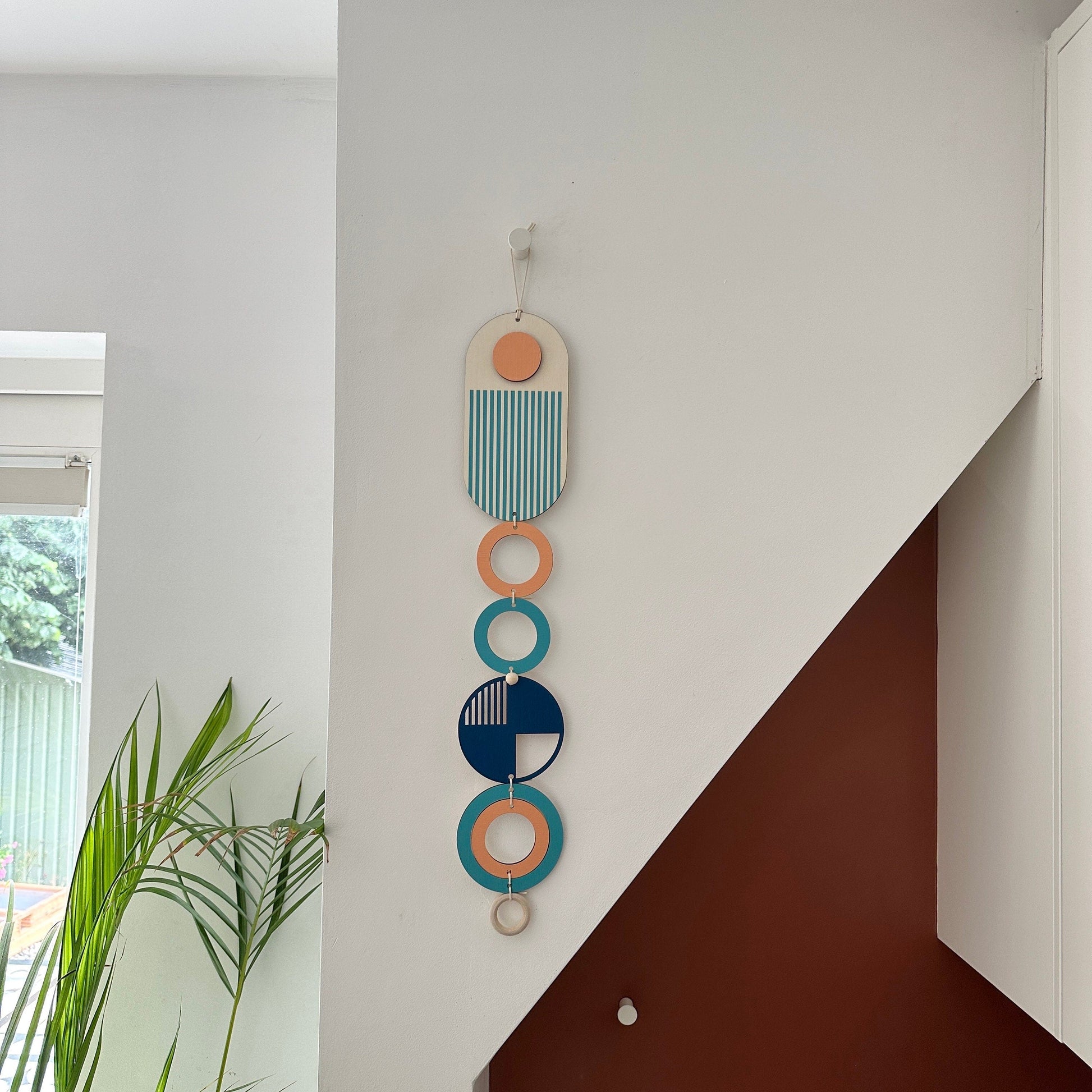 Geometric Wall Art in Coral Blue and Navy Handmade Wood Tapestry