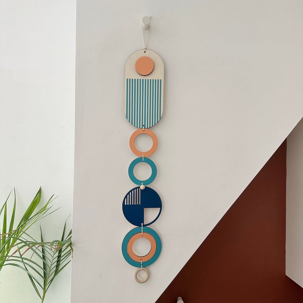 Geometric Wall Art in Coral Blue and Navy Handmade Wood Tapestry