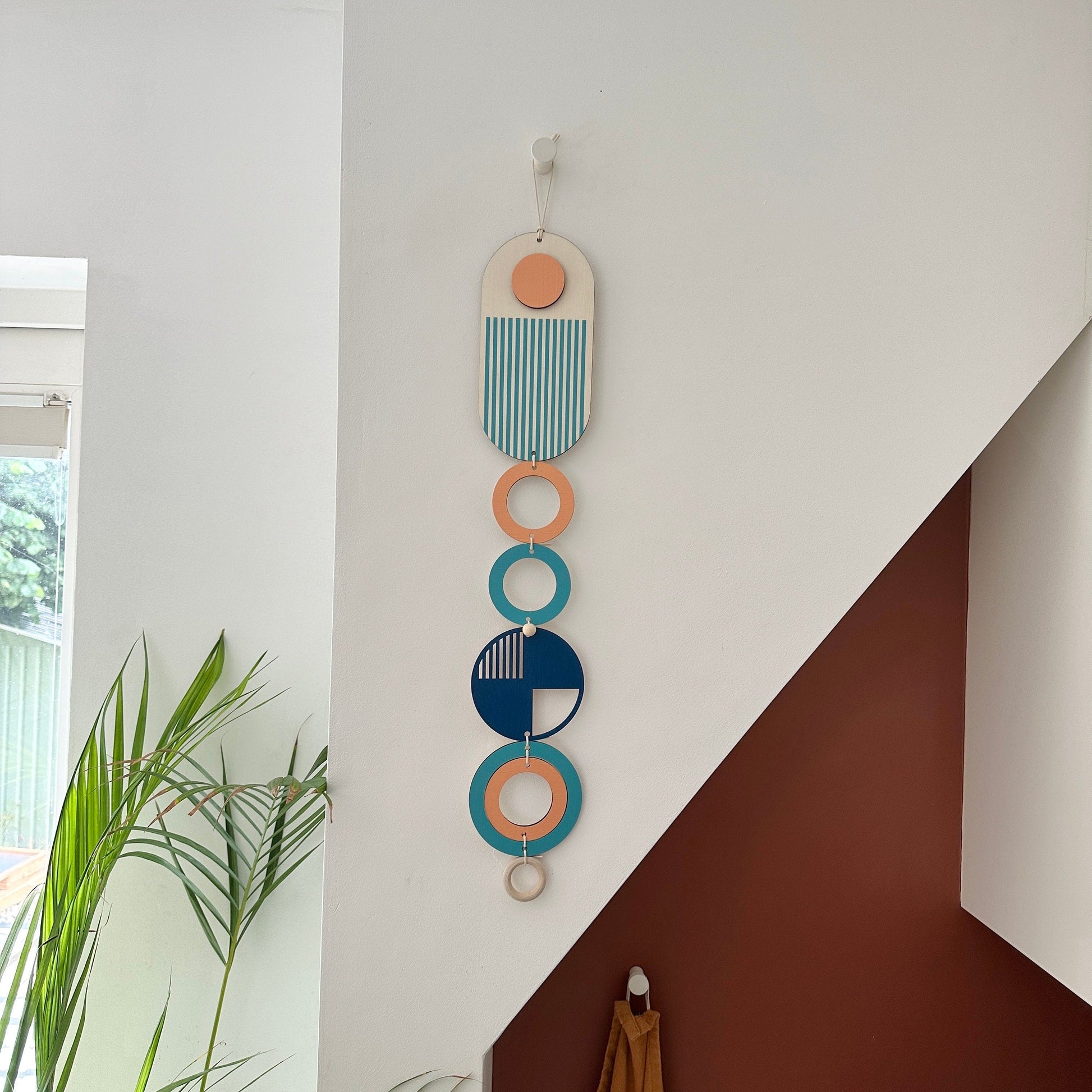 Geometric Wall Art in Coral Blue and Navy Handmade Wood Tapestry