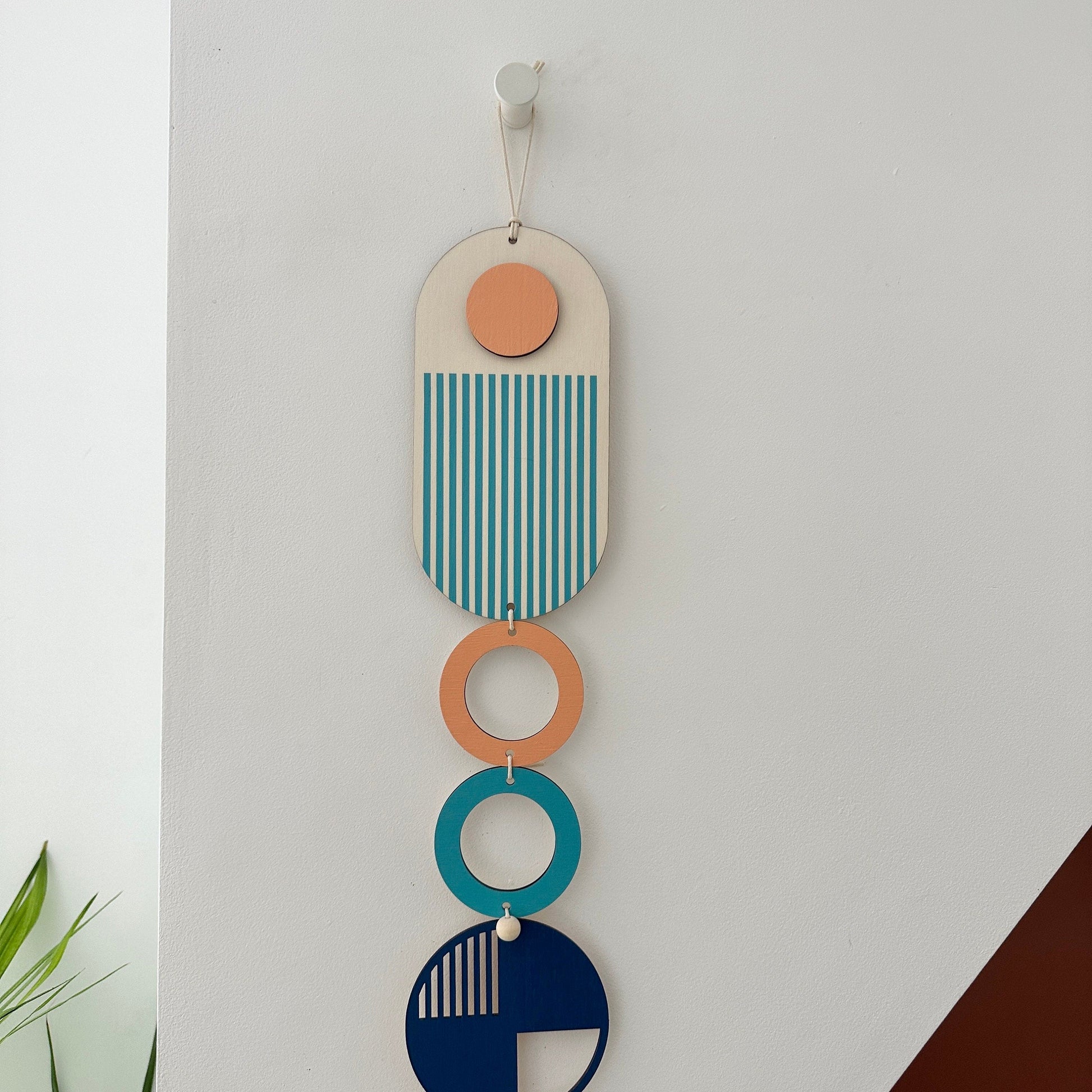 Geometric Wall Art in Coral Blue and Navy Handmade Wood Tapestry