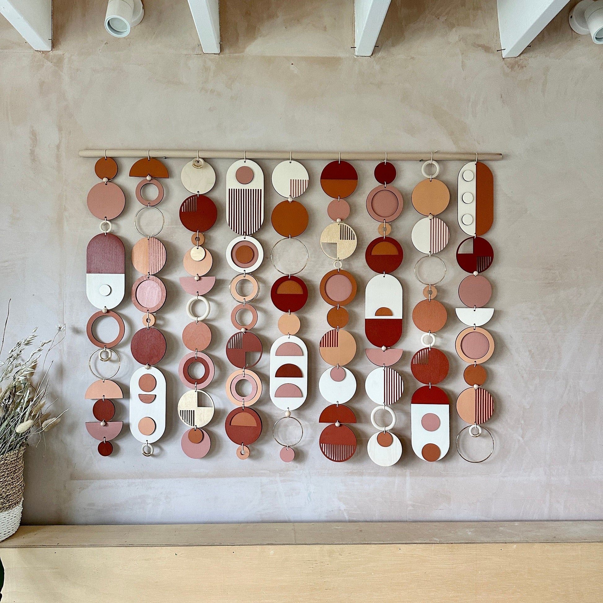 Large Modern Geometric Wood Wall Hanging in Warm Tones