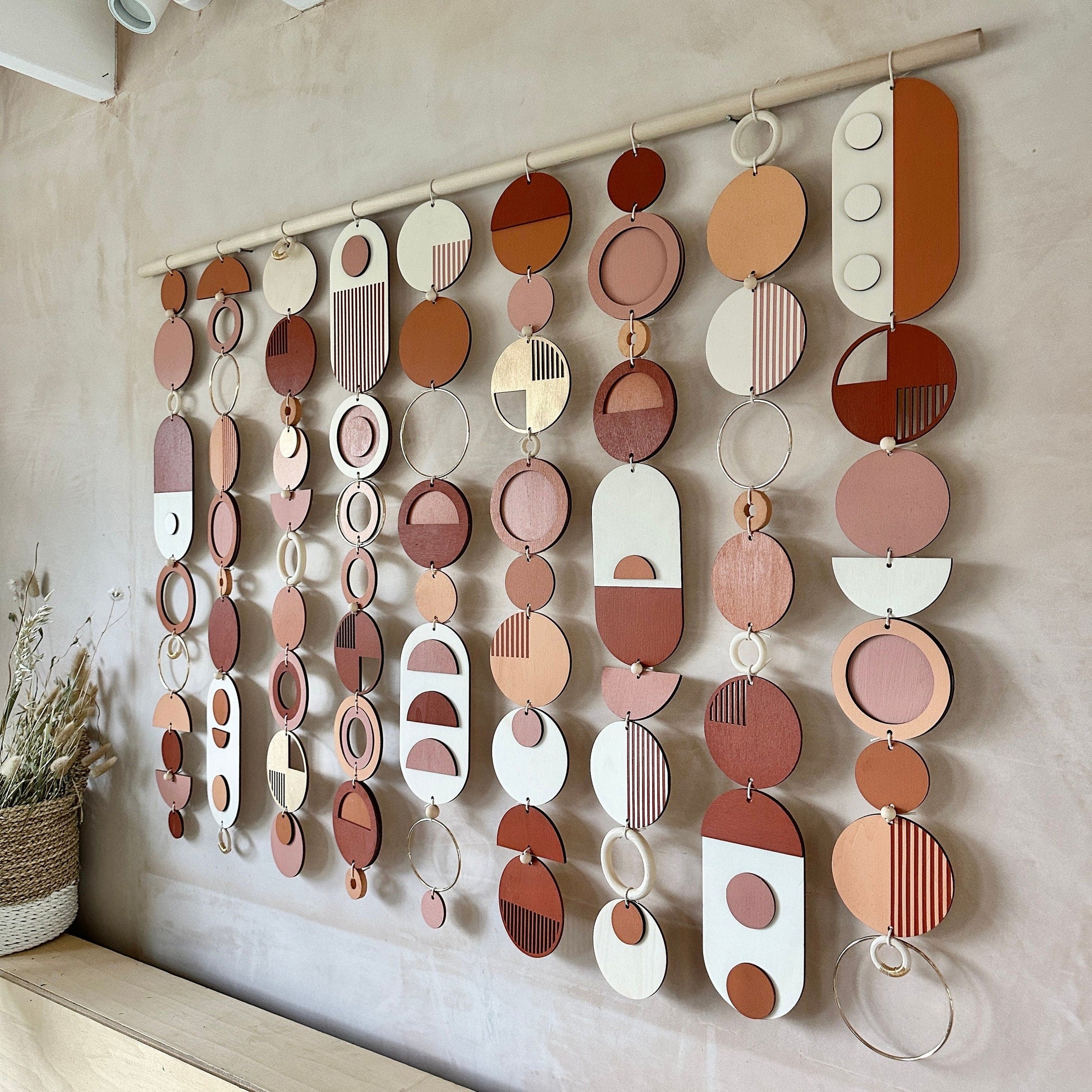 Large Modern Geometric Wood Wall Hanging in Warm Tones