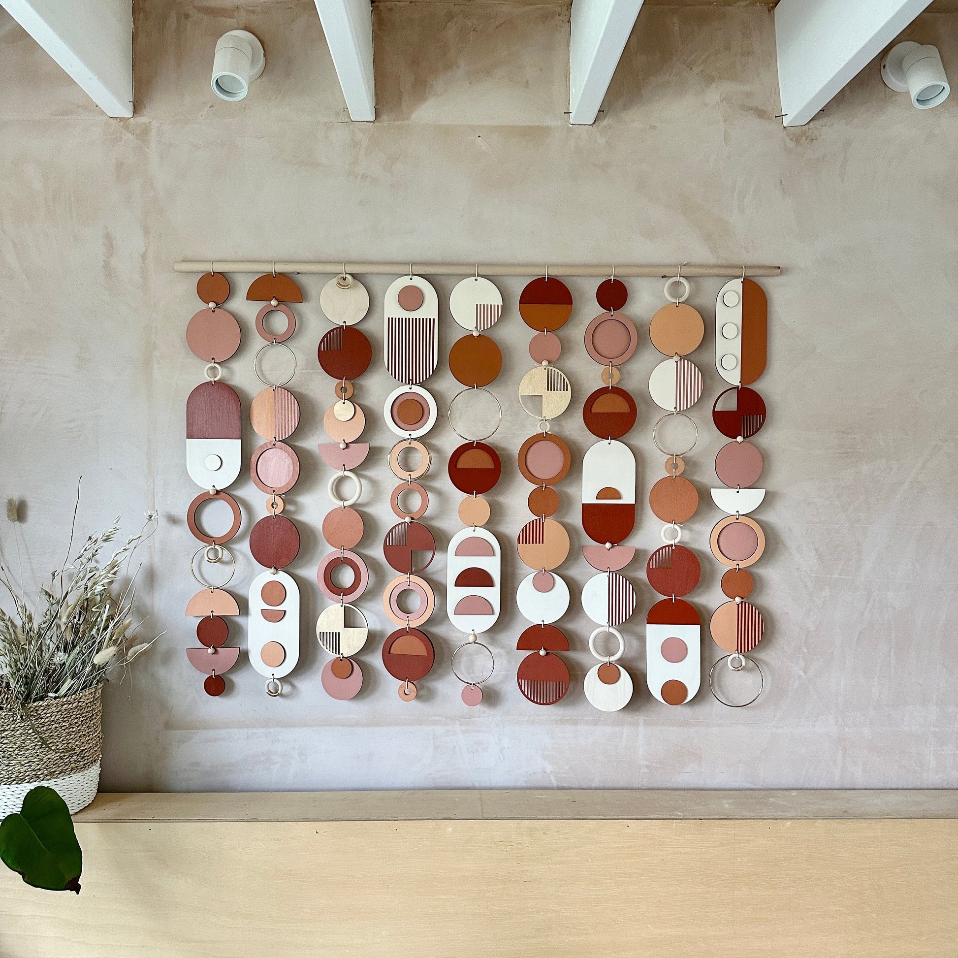 Large Modern Geometric Wood Wall Hanging in Warm Tones