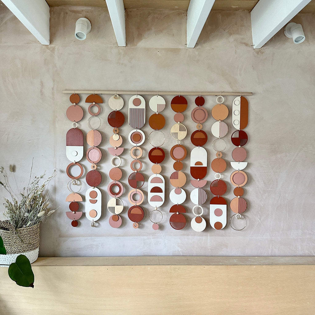 Large Modern Geometric Wood Wall Hanging in Warm Tones