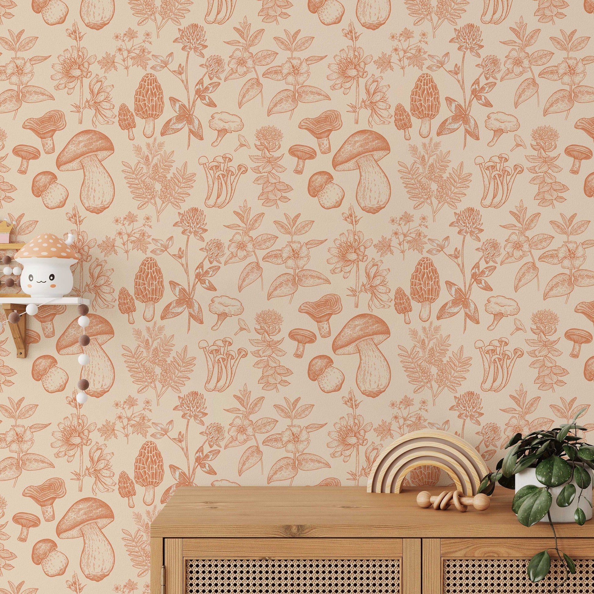 Mushroom Wallpaper | Orange Wallpaper | Mid Century Modern Wallpaper | Kids Mushroom Peel and Stick Wallpaper | Vintage Wallpaper