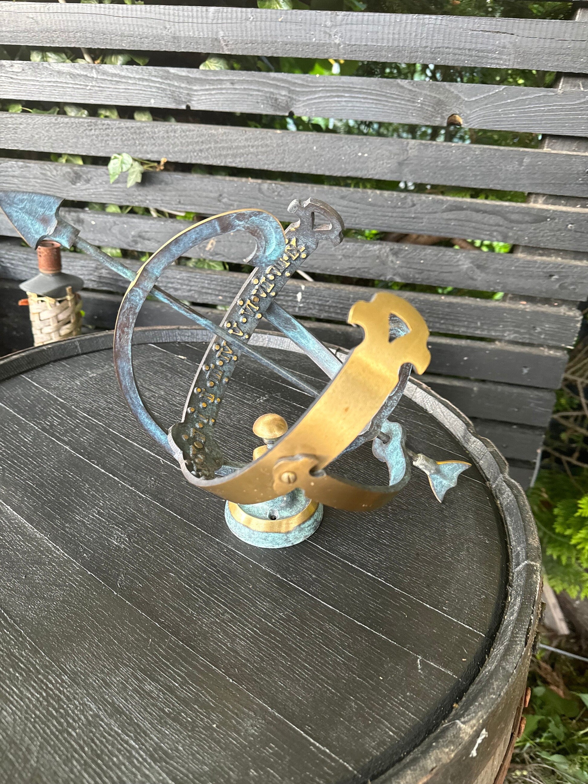 Brass Armillary Sphere Sundial with Verdigris Patina