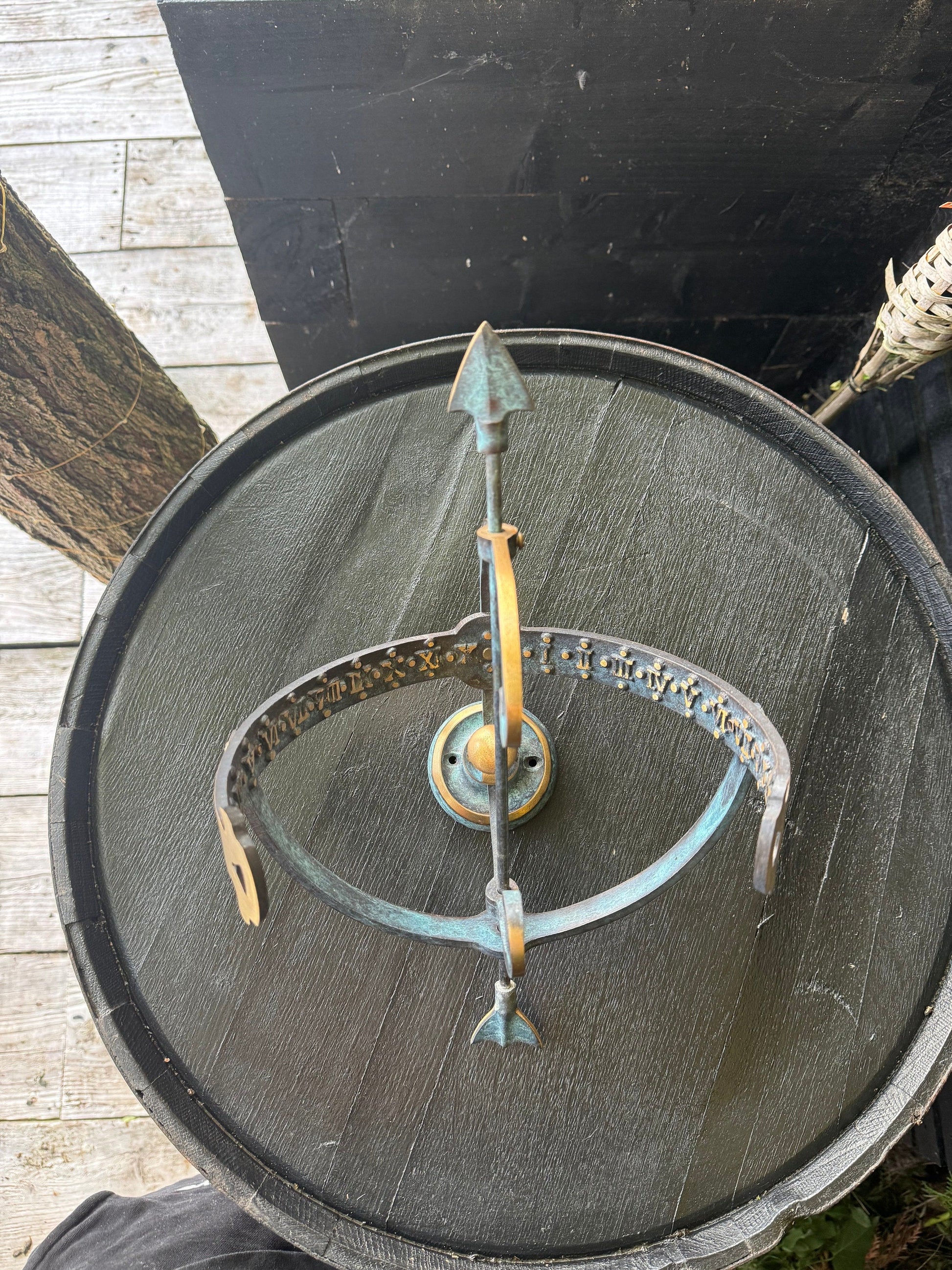 Brass Armillary Sphere Sundial with Verdigris Patina
