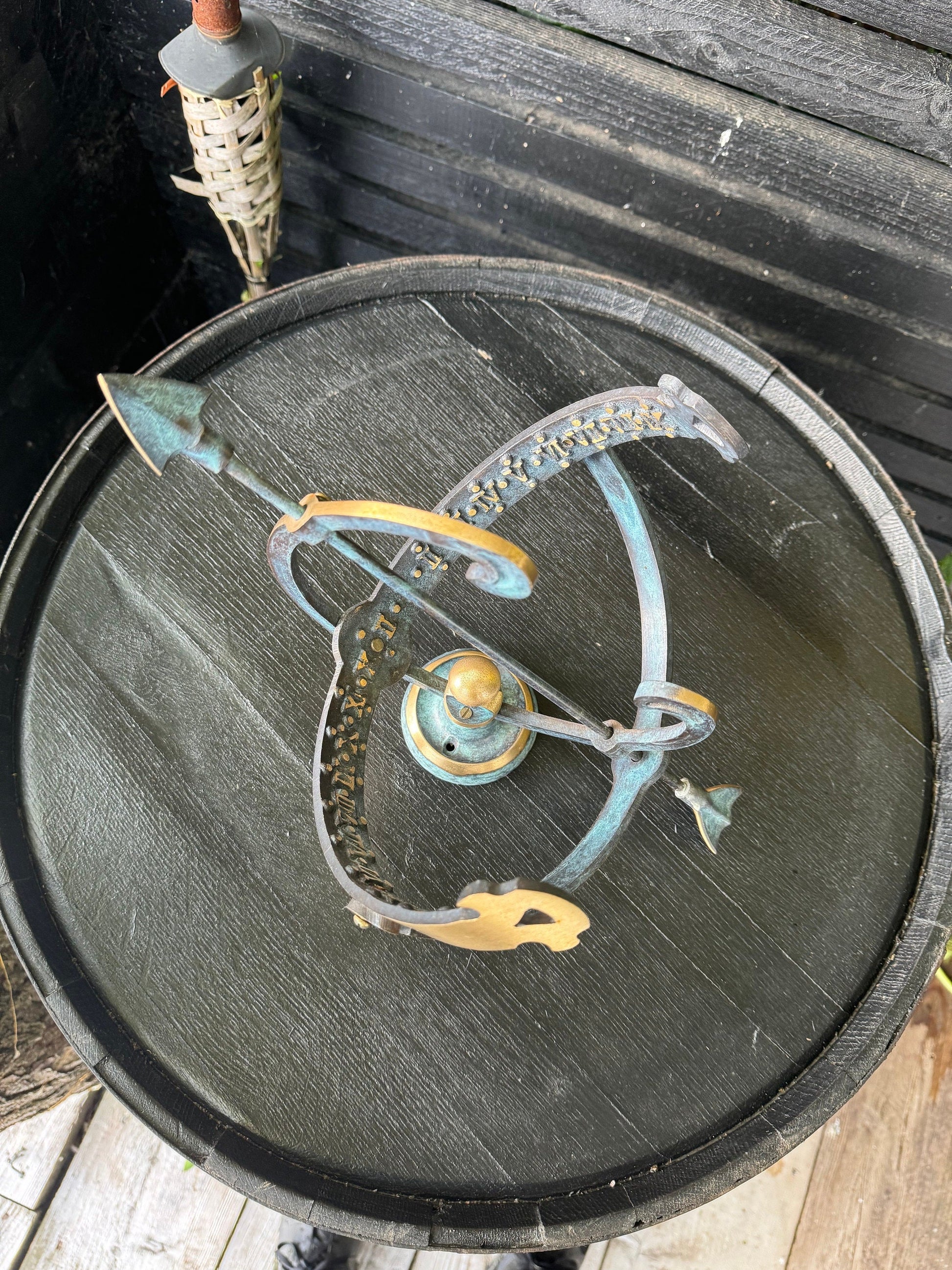 Brass Armillary Sphere Sundial with Verdigris Patina