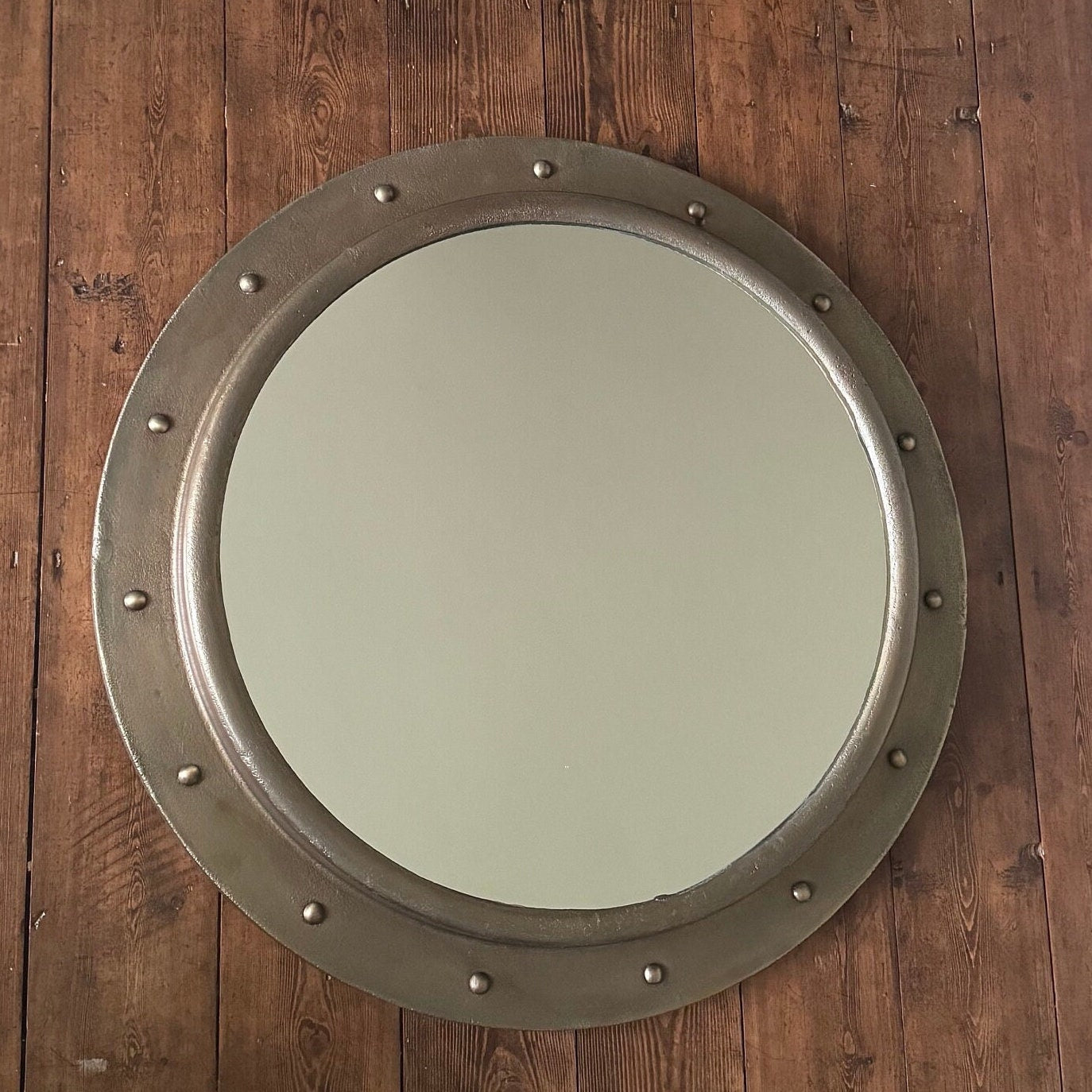 Oversized Antique Brass Mirror 61cm Nautical Industrial Cast