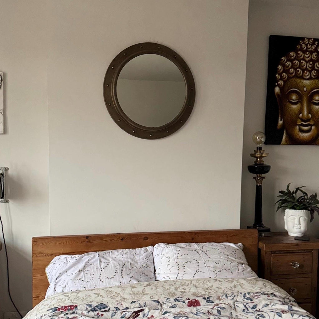 Oversized Antique Brass Mirror 61cm Nautical Industrial Cast