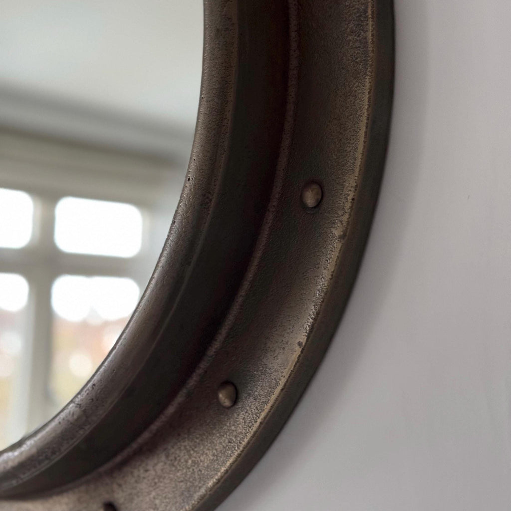 Oversized Antique Brass Mirror 61cm Nautical Industrial Cast