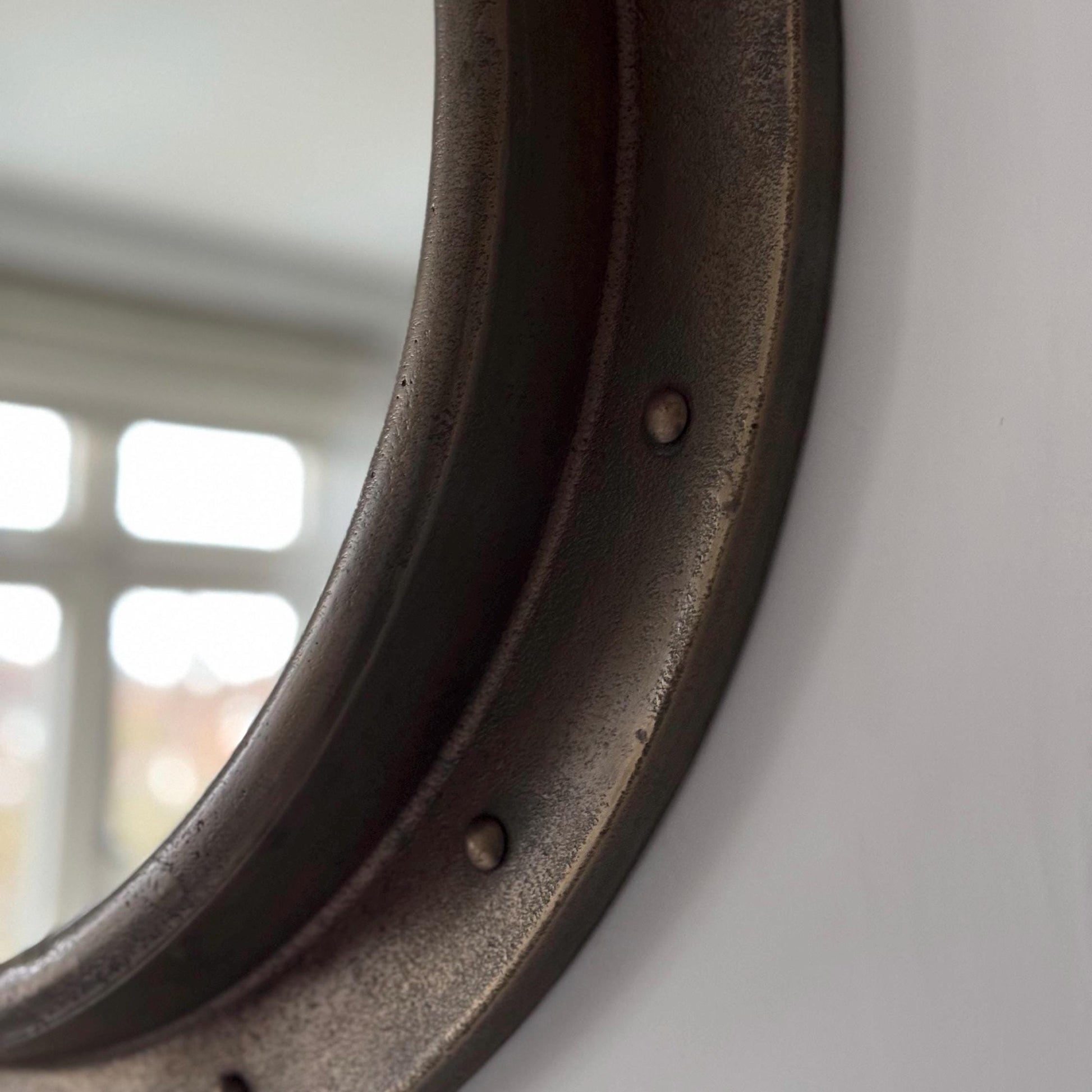 Oversized Antique Brass Mirror 61cm Nautical Industrial Cast