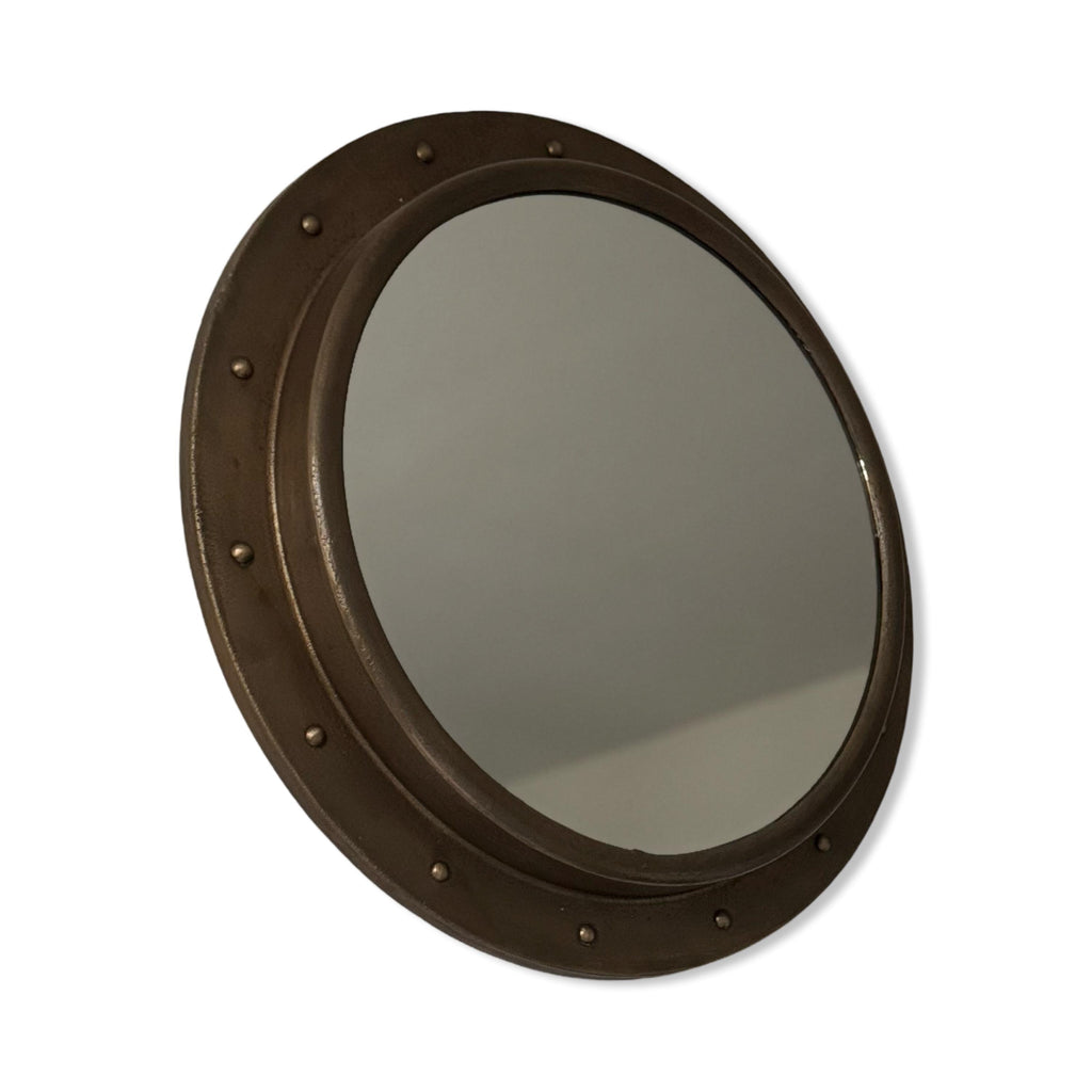 Oversized Antique Brass Mirror 61cm Nautical Industrial Cast