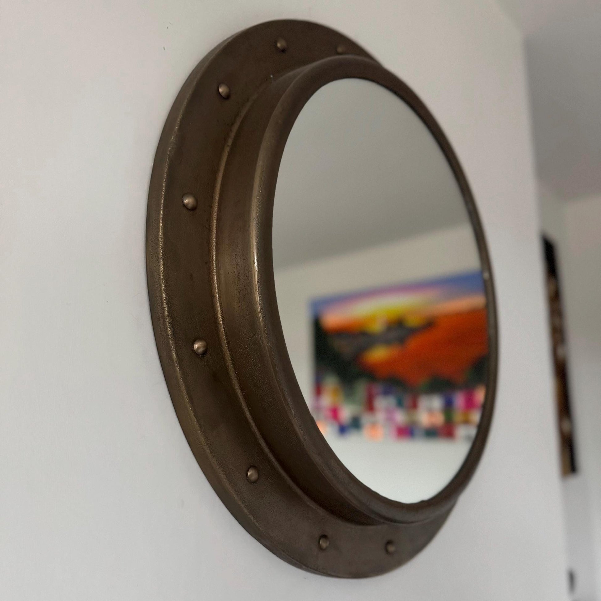 Oversized Antique Brass Mirror 61cm Nautical Industrial Cast