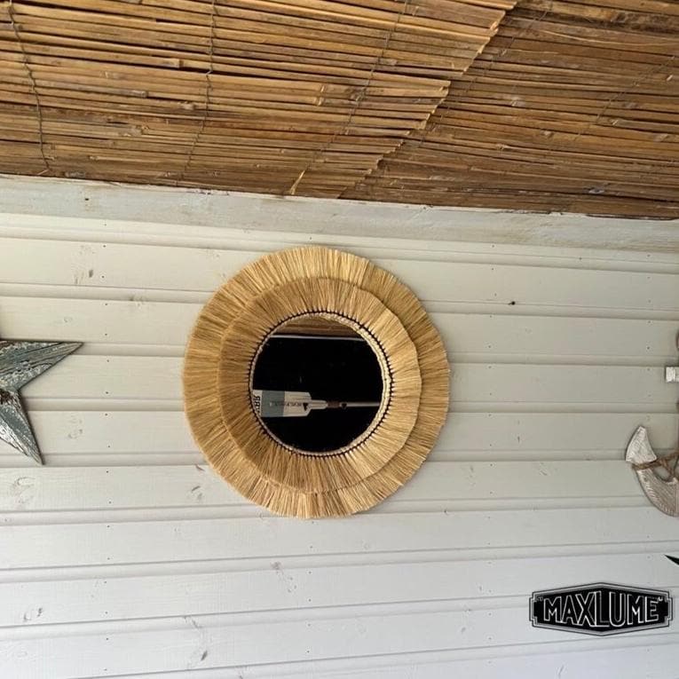 Round Wall Mirror with Handwoven Raffia Double Contour 22 Inch