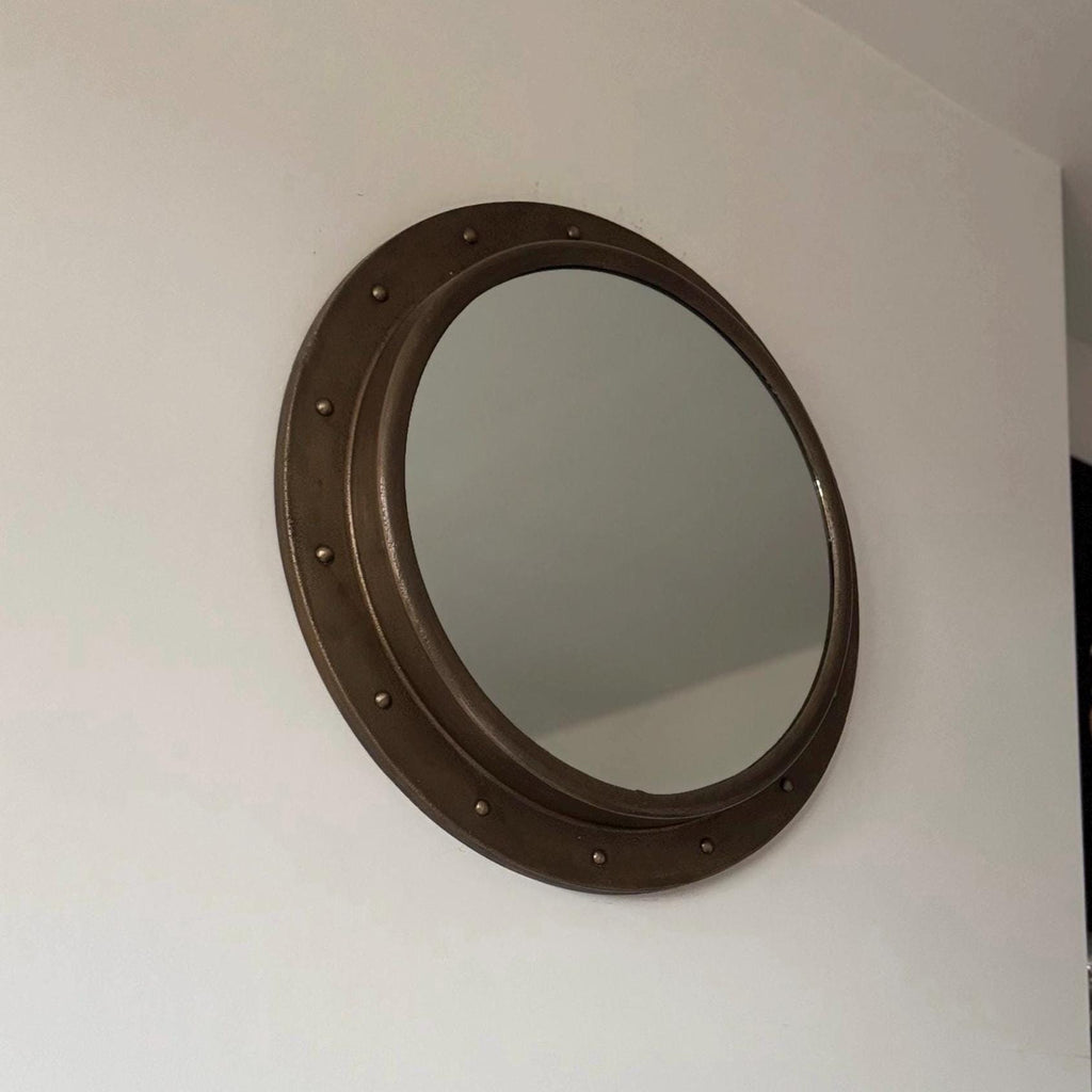 Oversized Antique Brass Mirror 61cm Nautical Industrial Cast