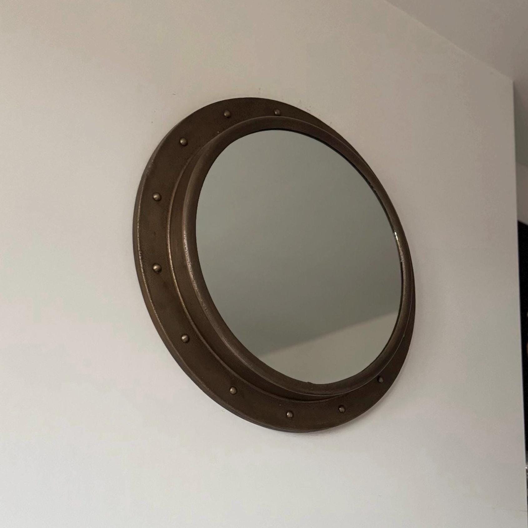 Oversized Antique Brass Mirror 61cm Nautical Industrial Cast