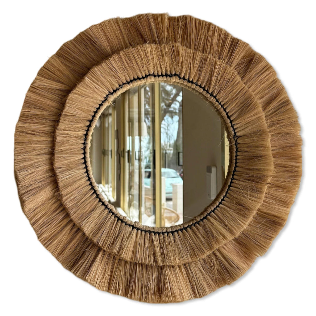 Round Wall Mirror with Handwoven Raffia Double Contour 22 Inch