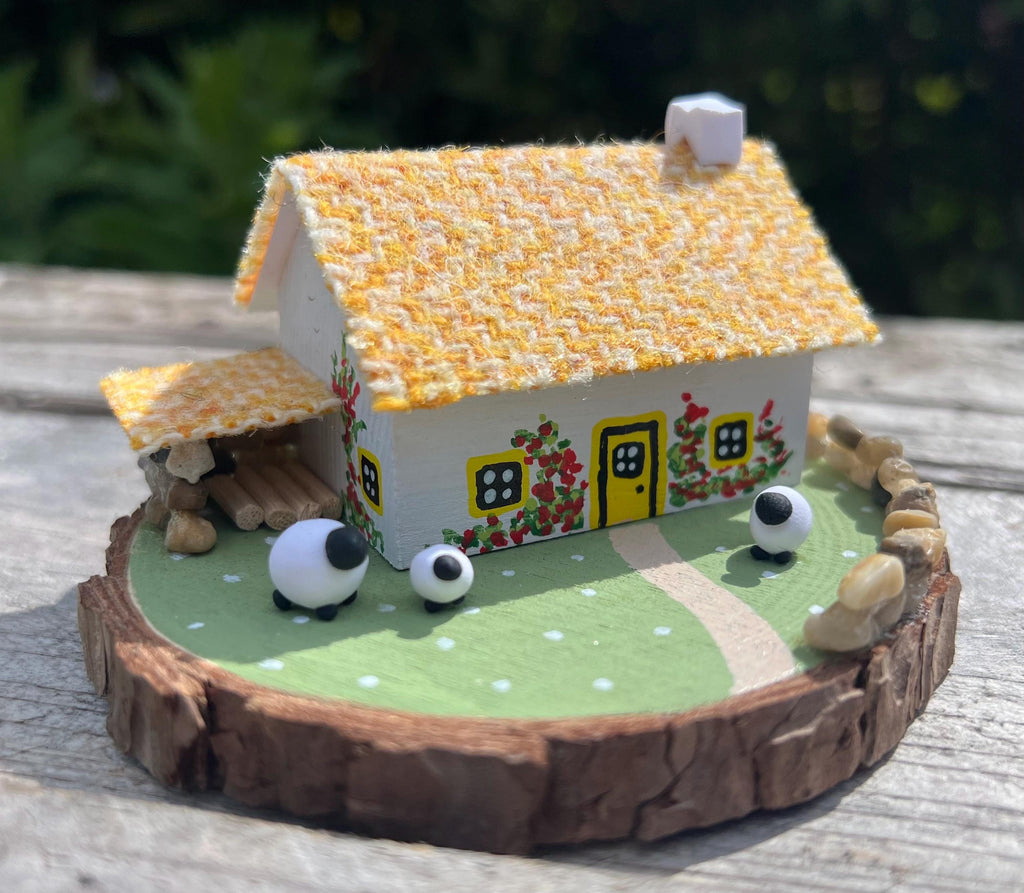 Yellow Harris Tweed Miniature Scottish Bothy with Sheep