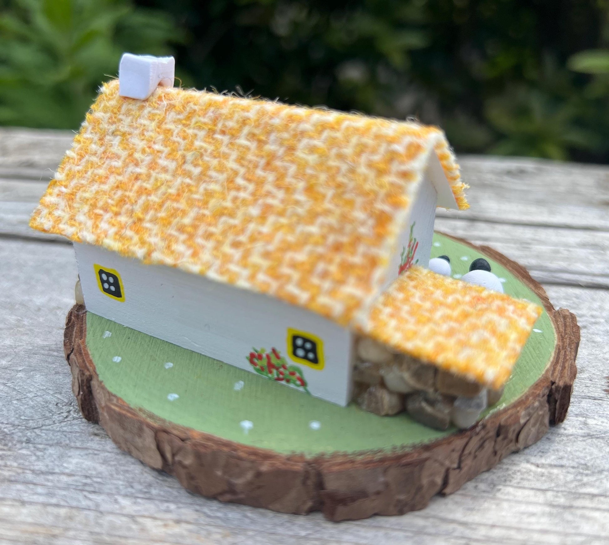 Yellow Harris Tweed Miniature Scottish Bothy with Sheep