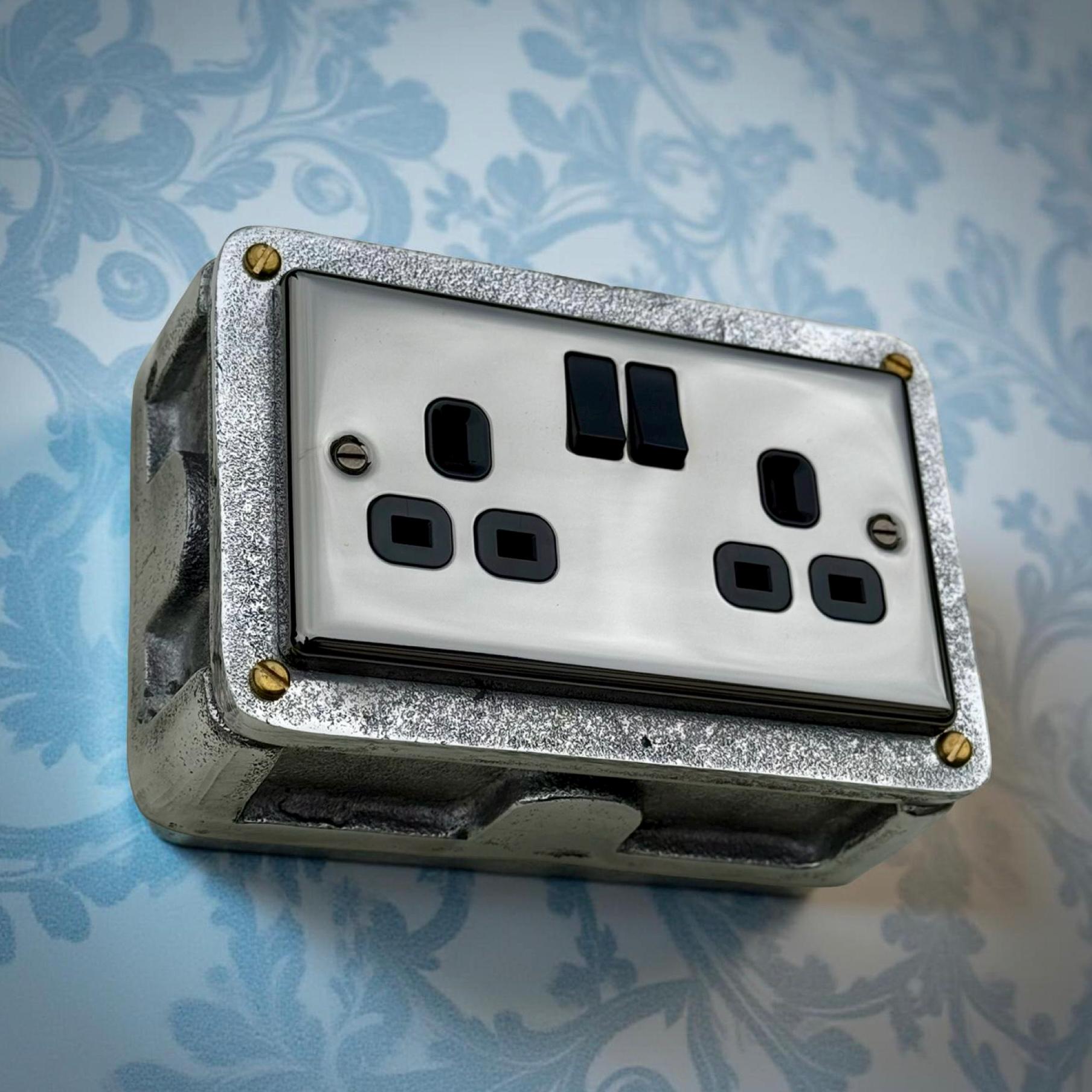 Mirror Finish Double Socket 13A 230V Cast Metal Industrial Style