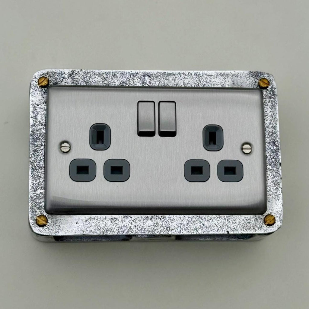 Brushed Steel Double Switched Power Socket Grey Insert 13A 230V Industrial Vintage