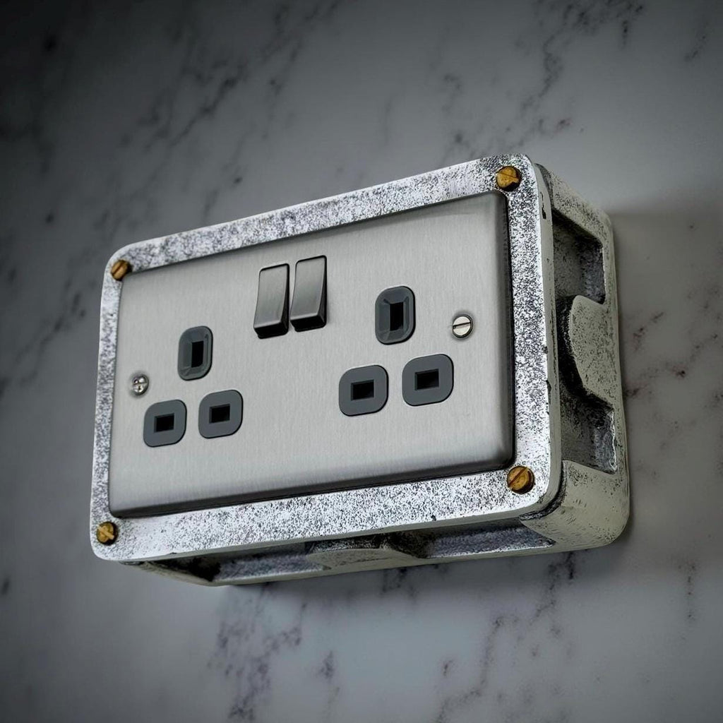 Brushed Steel Double Switched Power Socket Grey Insert 13A 230V Industrial Vintage