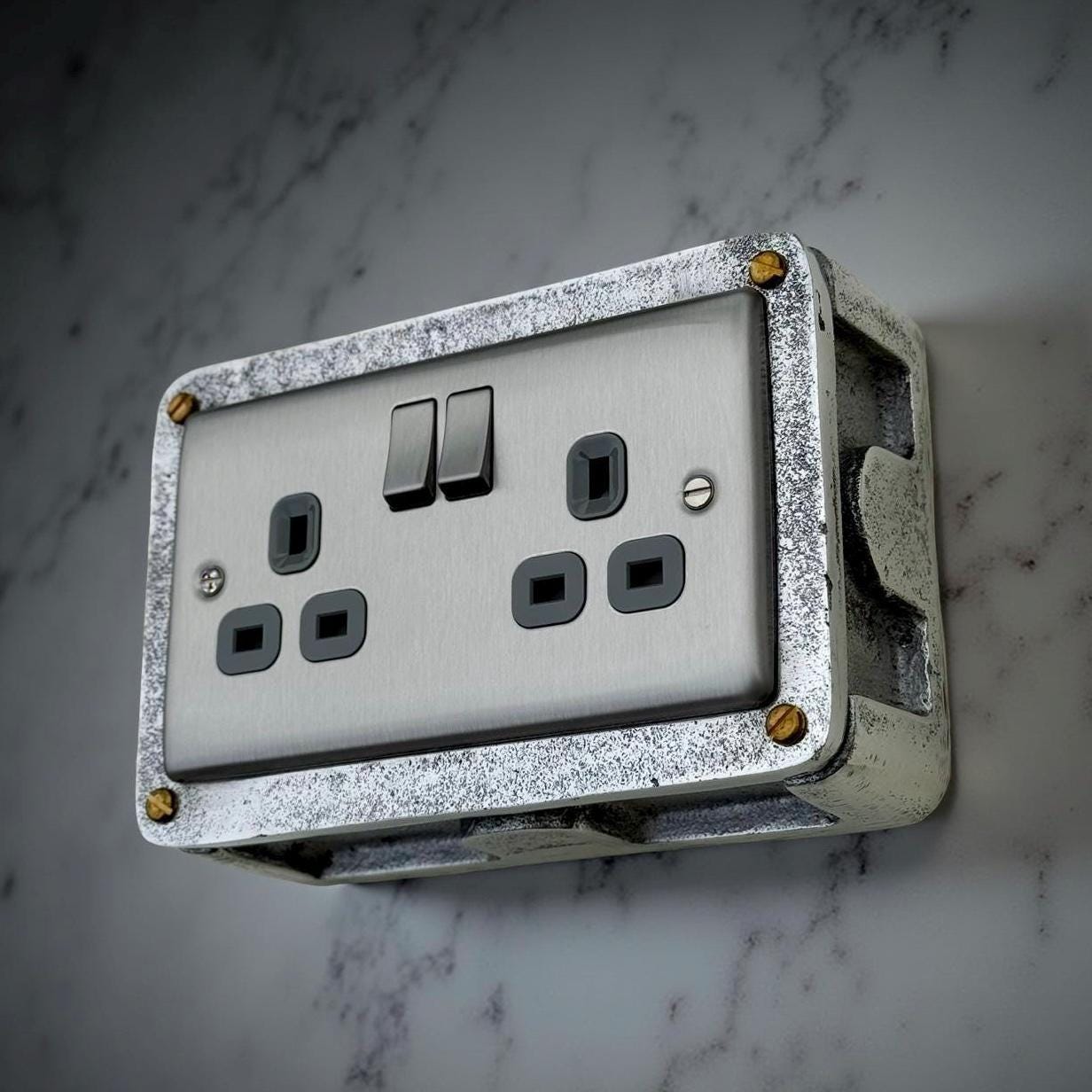 Brushed Steel Double Switched Power Socket Grey Insert 13A 230V Industrial Vintage