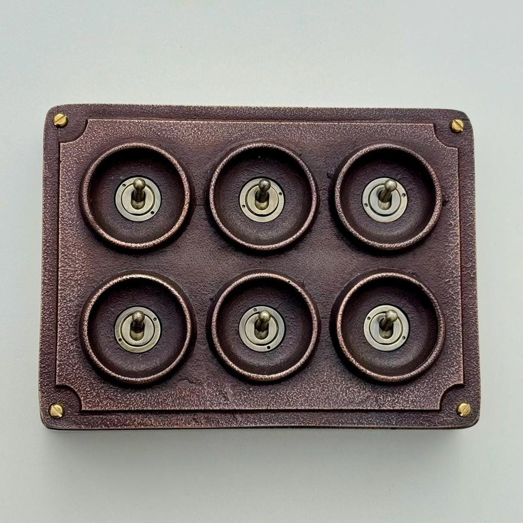 6 Gang 2 Way Antique Copper Cast Metal Light Switch Industrial Vintage