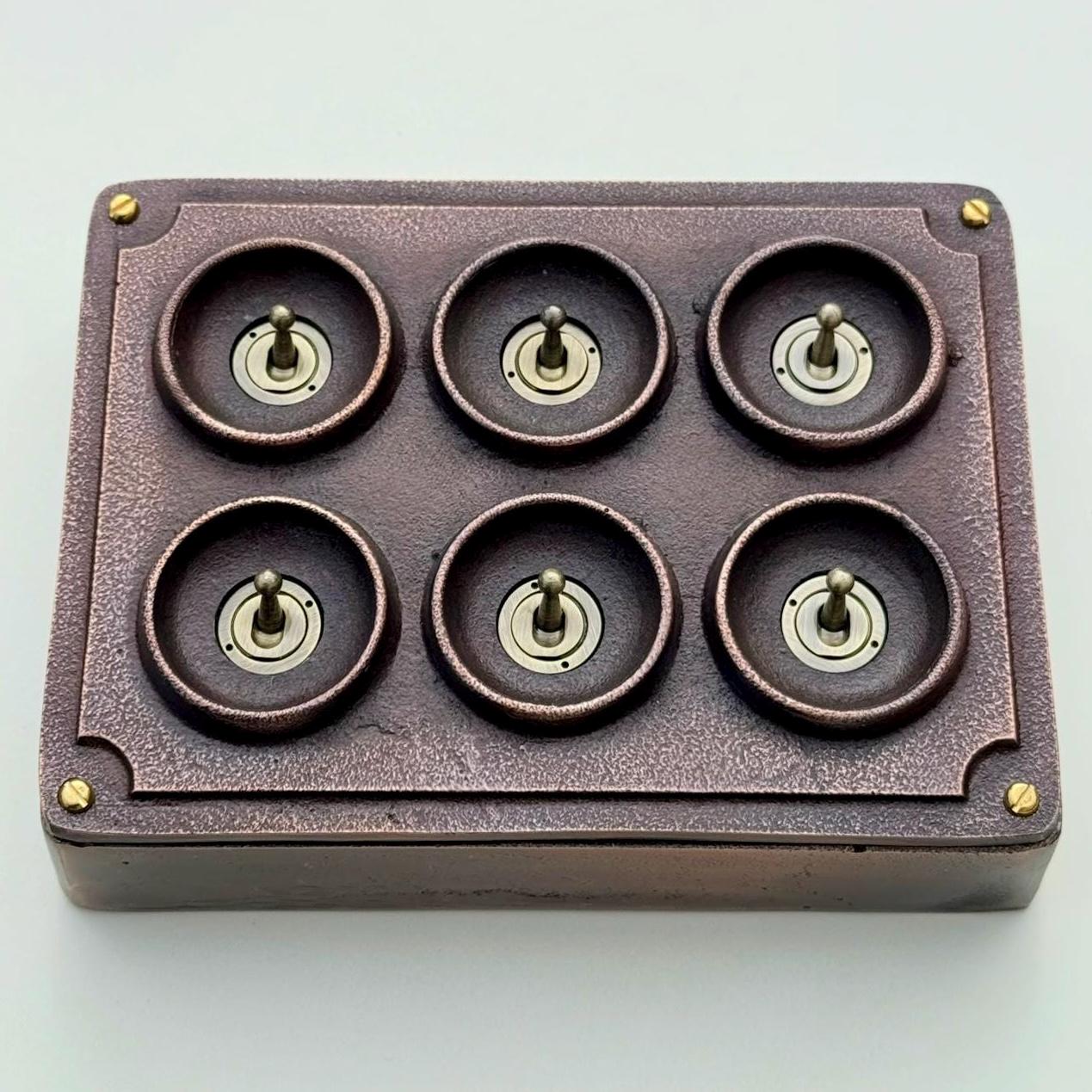 6 Gang 2 Way Antique Copper Cast Metal Light Switch Industrial Vintage