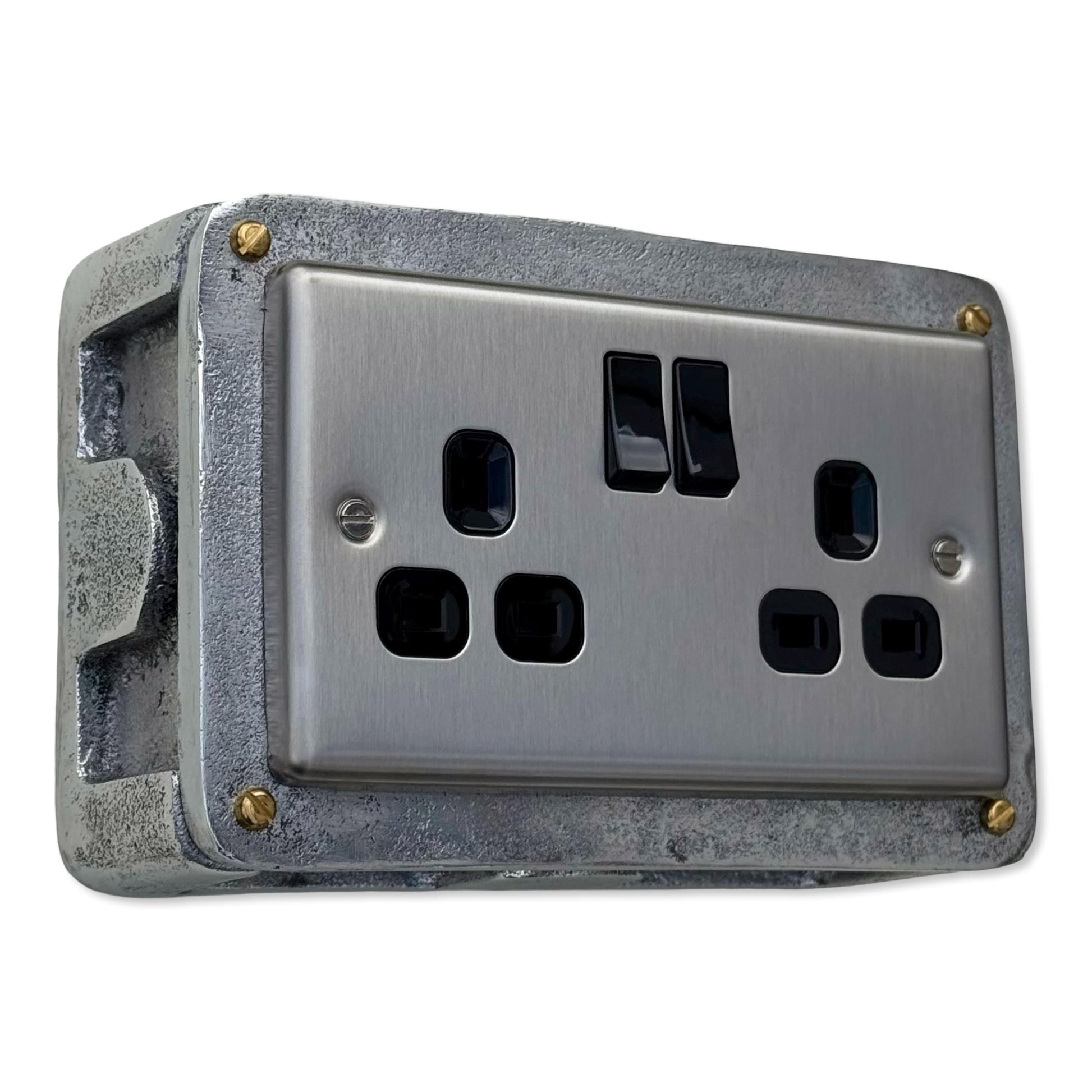 Brushed Steel Double Power Socket Industrial Vintage 13A 230V