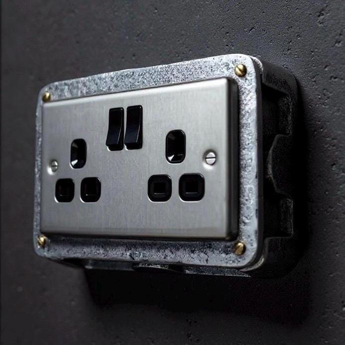 Brushed Steel Double Power Socket Industrial Vintage 13A 230V