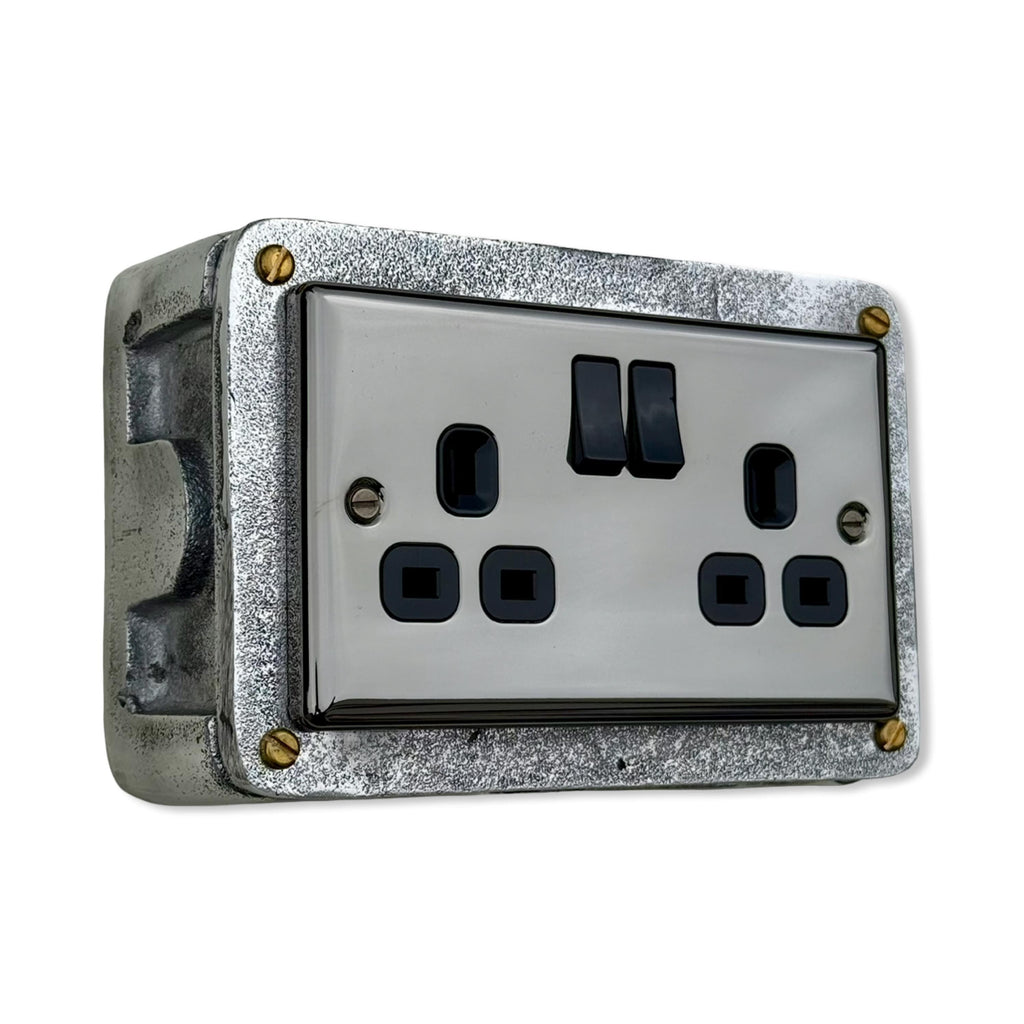 Mirror Finish Double Socket 13A 230V Cast Metal Industrial Style