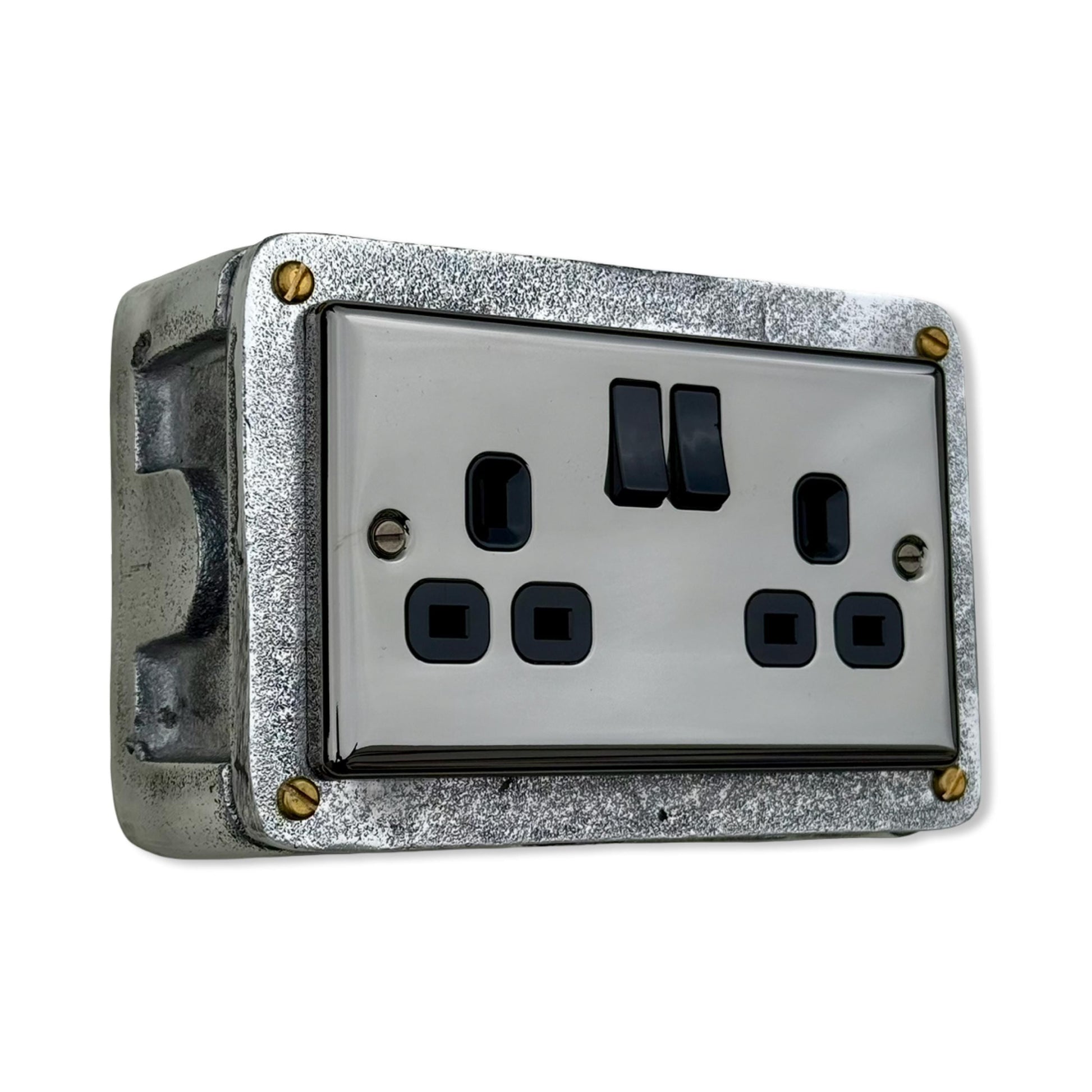 Mirror Finish Double Socket 13A 230V Cast Metal Industrial Style