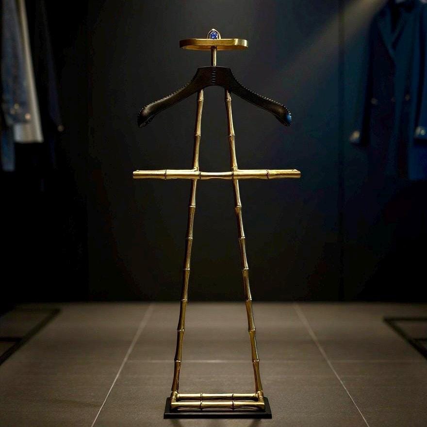 Vintage Brass Clothes Rack with Leather Shoulder Pad and Jewellery Tray