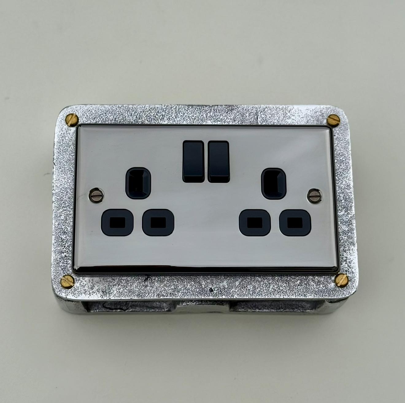 Mirror Finish Double Socket 13A 230V Cast Metal Industrial Style