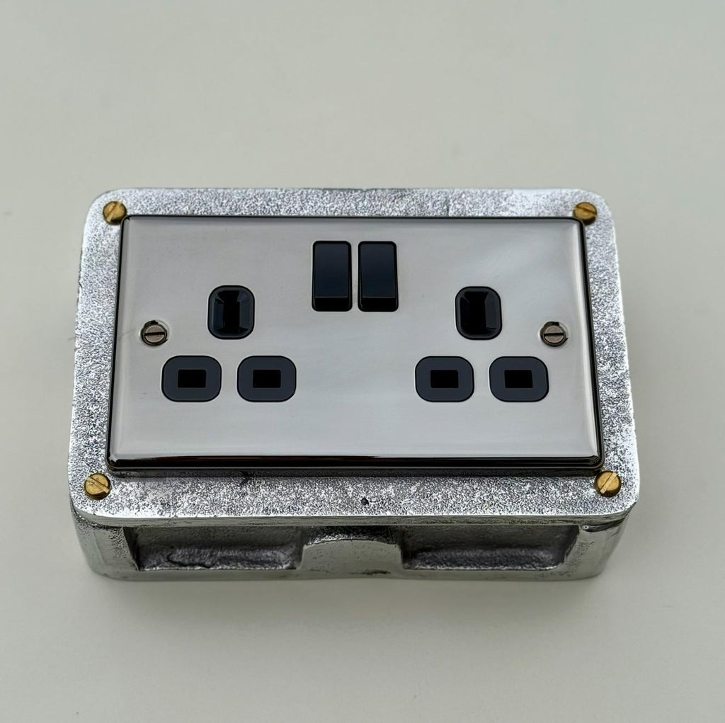 Mirror Finish Double Socket 13A 230V Cast Metal Industrial Style
