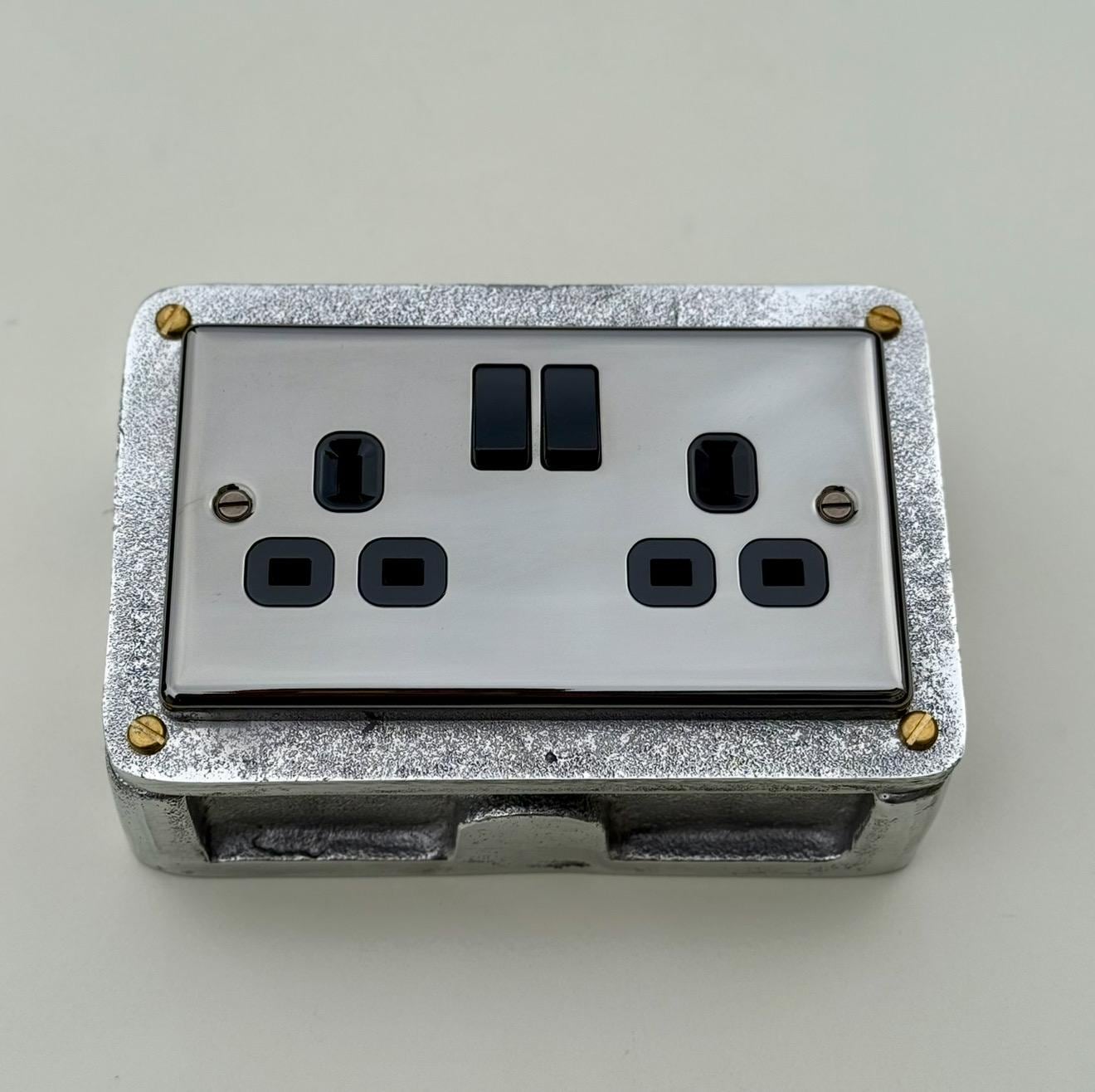 Mirror Finish Double Socket 13A 230V Cast Metal Industrial Style