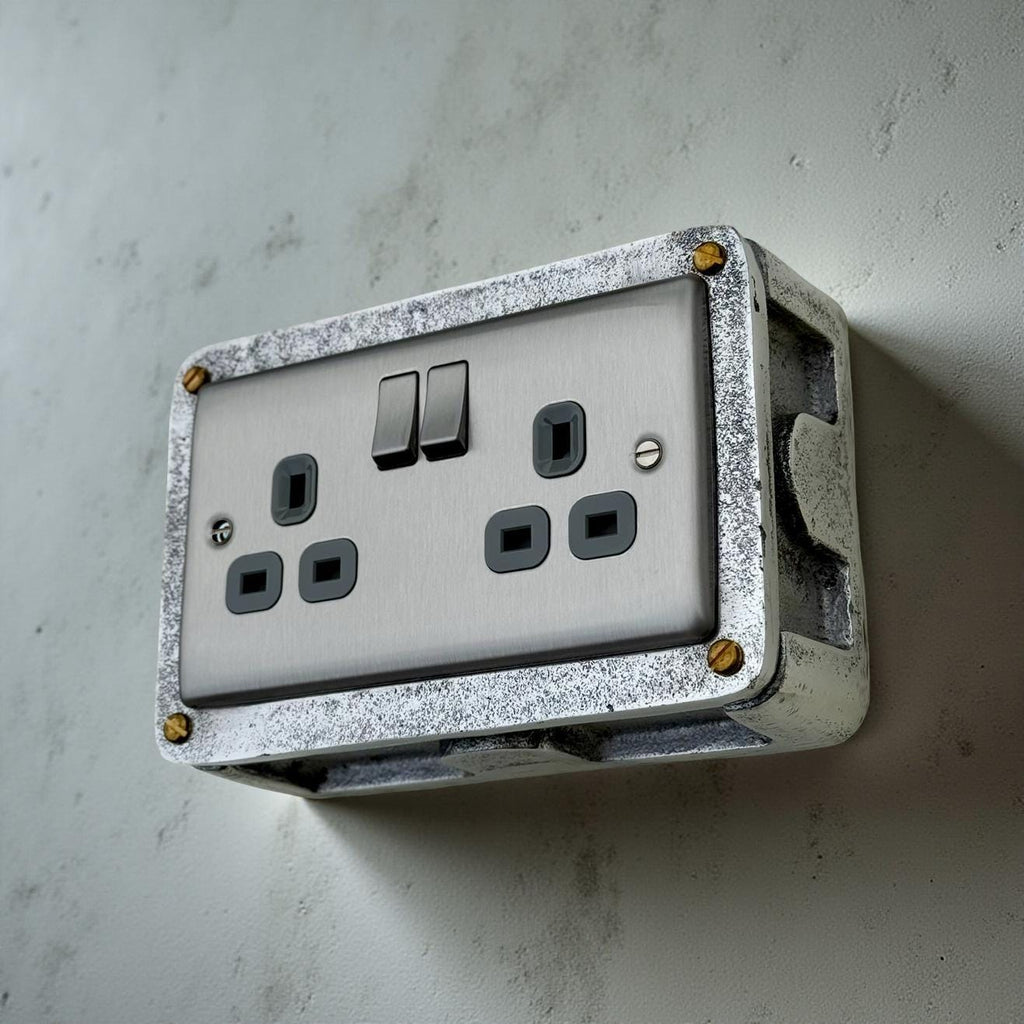 Brushed Steel Double Switched Power Socket Grey Insert 13A 230V Industrial Vintage