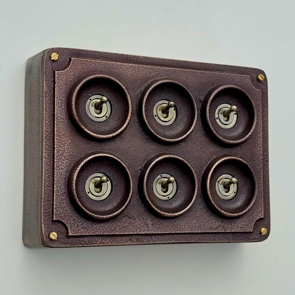 6 Gang 2 Way Antique Copper Cast Metal Light Switch Industrial Vintage